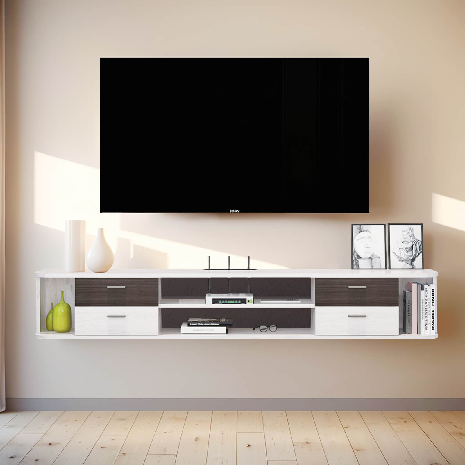Contemporary Floating TV Stand with Four Drawers And Four Open Shelves #color_greyish white