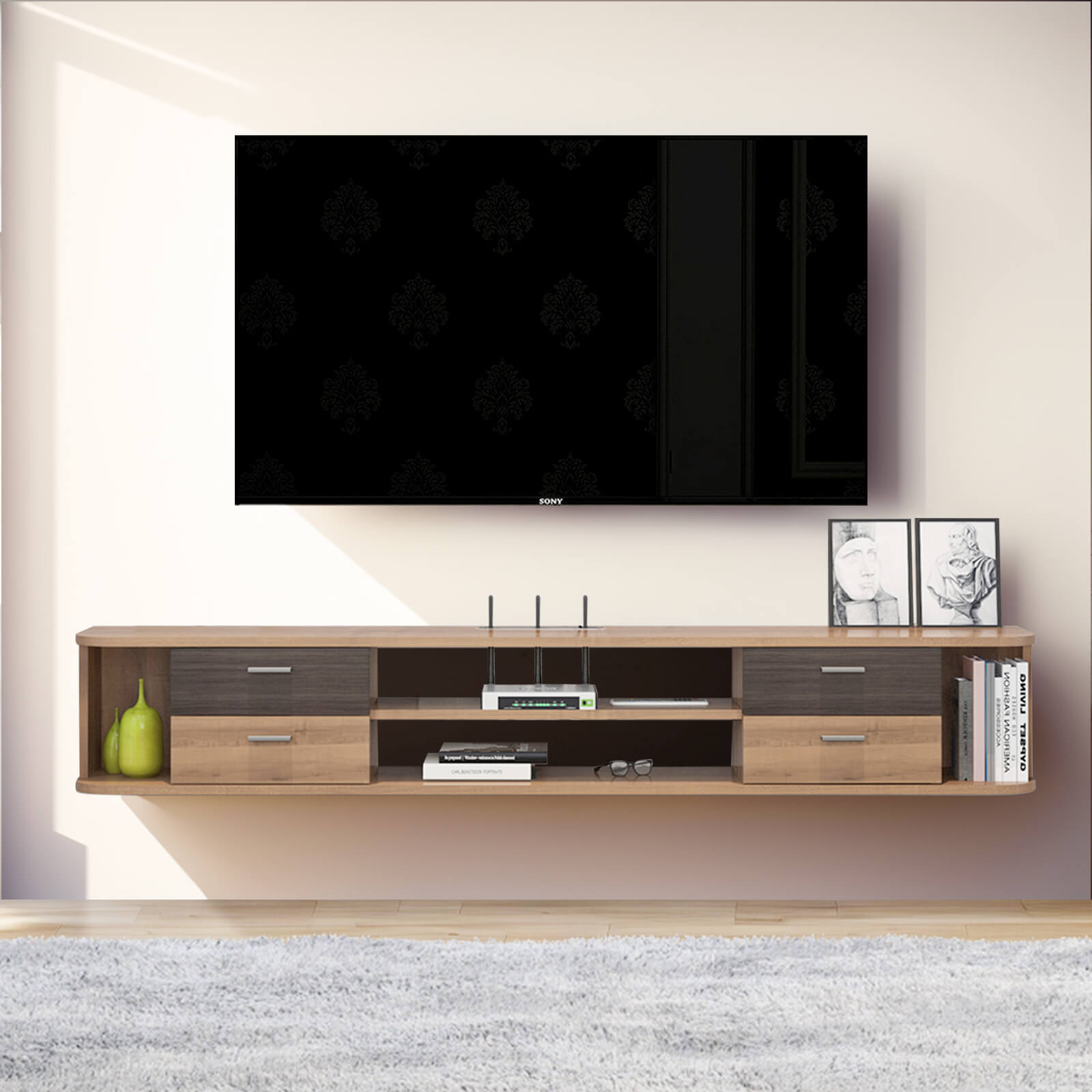 Contemporary Floating TV Stand with Four Drawers And Four Open Shelves #color_walnut
