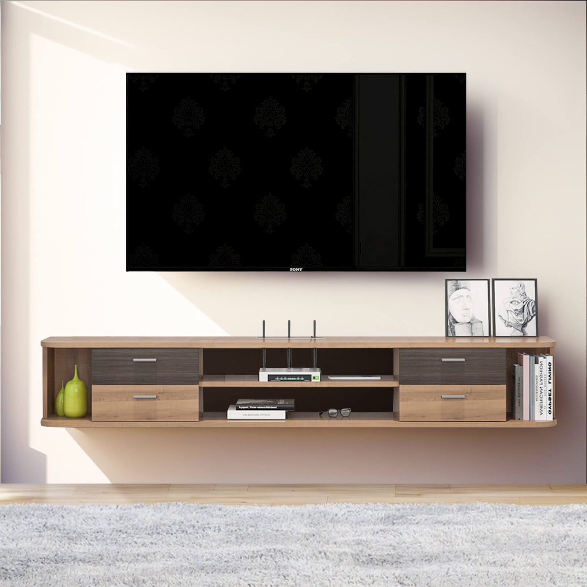 Walnut Plywood Floating TV Shelf with Four Drawers for 55