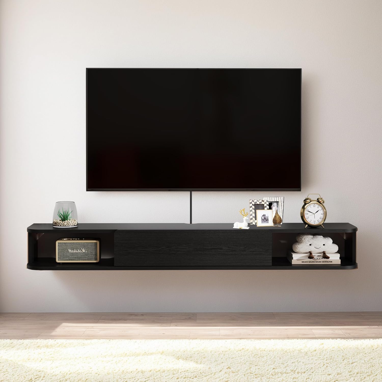 Custom Modern Black Wood Floating TV Stand with Open Shelves & Drawer