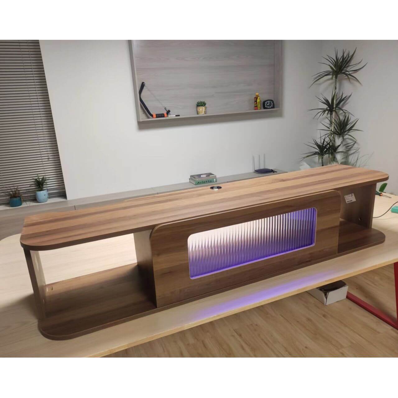 Floativa custom walnut floating TV shelf with glass door led lights storage for soundbar av receiver tv boxes game console