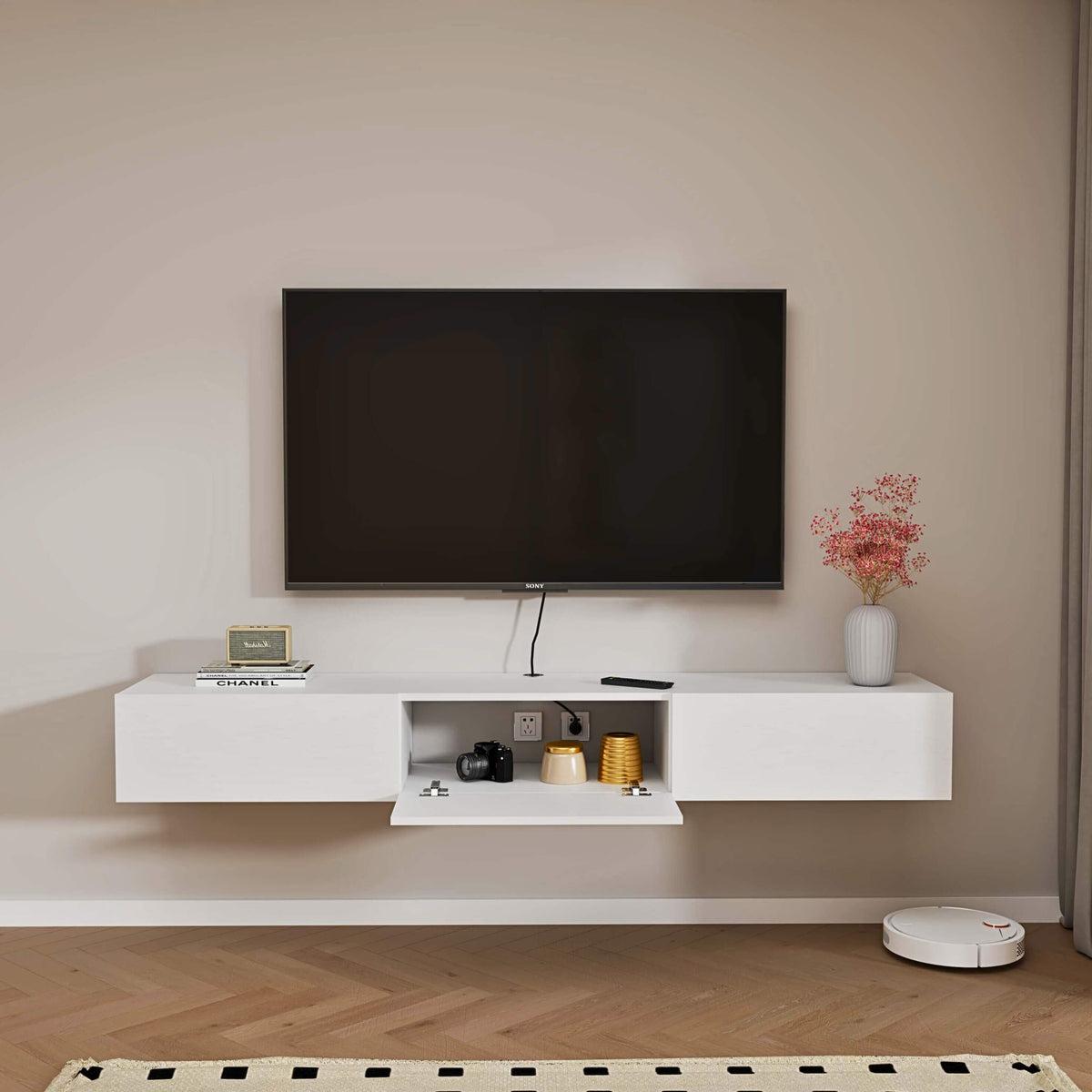 Custom Minimalist White Floating TV Stand, Media Shelf with Drawers