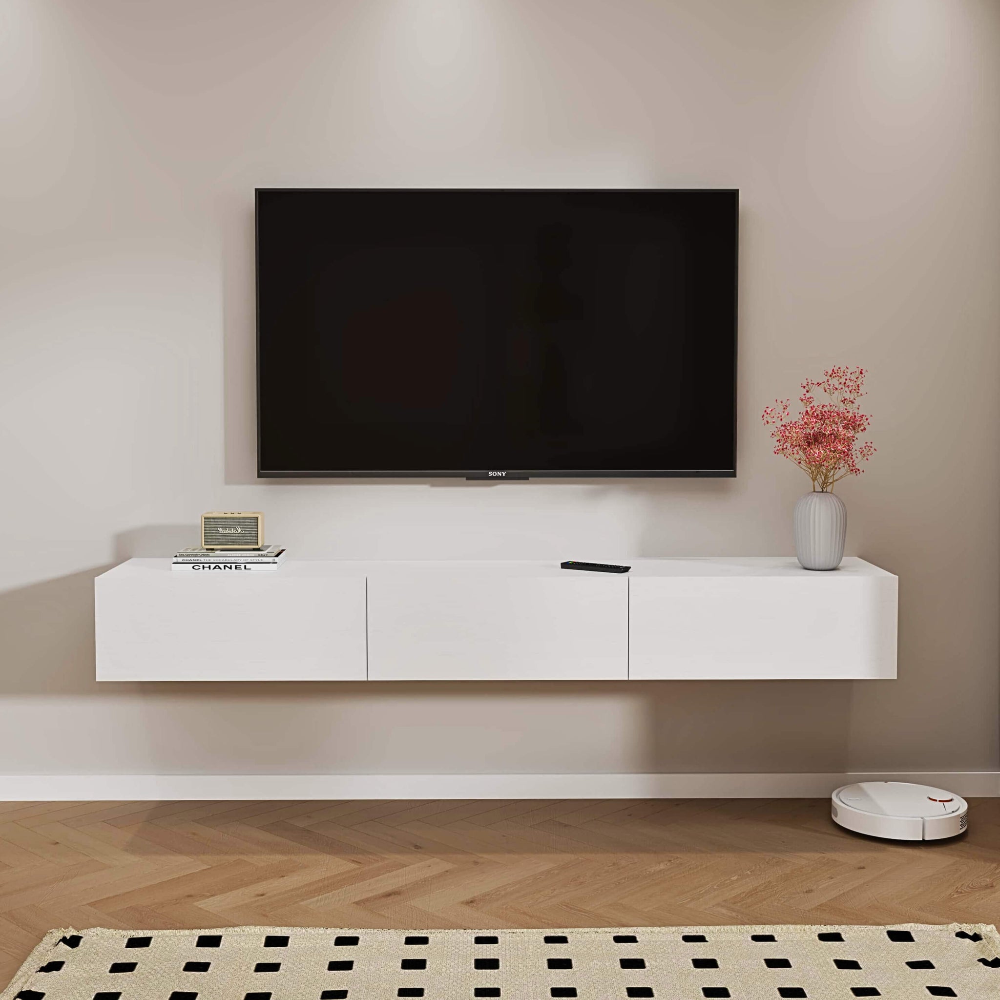 Custom Minimalist White Floating TV Stand, Media Shelf with Drawers