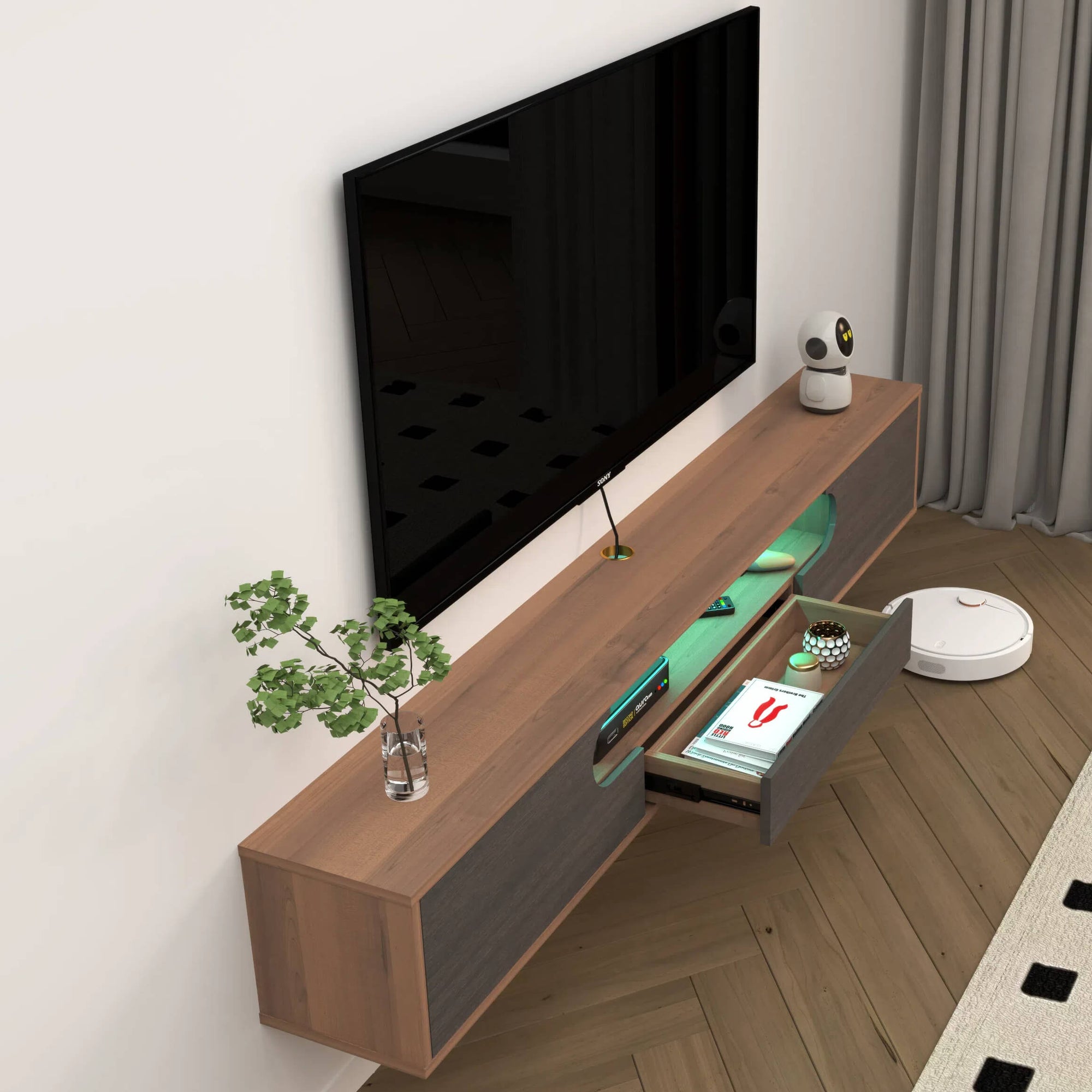 Custom Floating TV Stand Shelf with LED & Drawer for 50-100 Inch TV