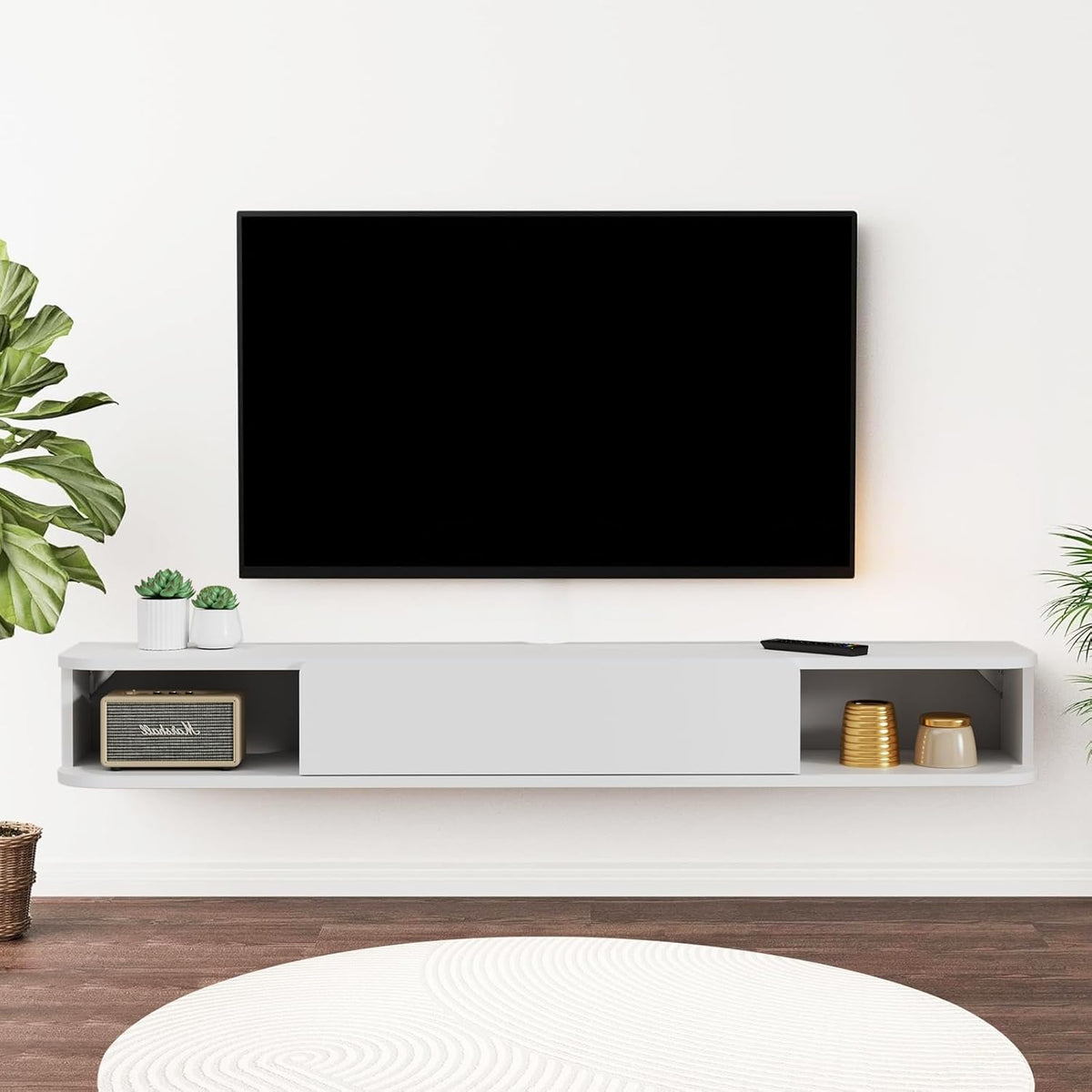 Custom Modern Black Wood Floating TV Stand with Open Shelves & Drawer