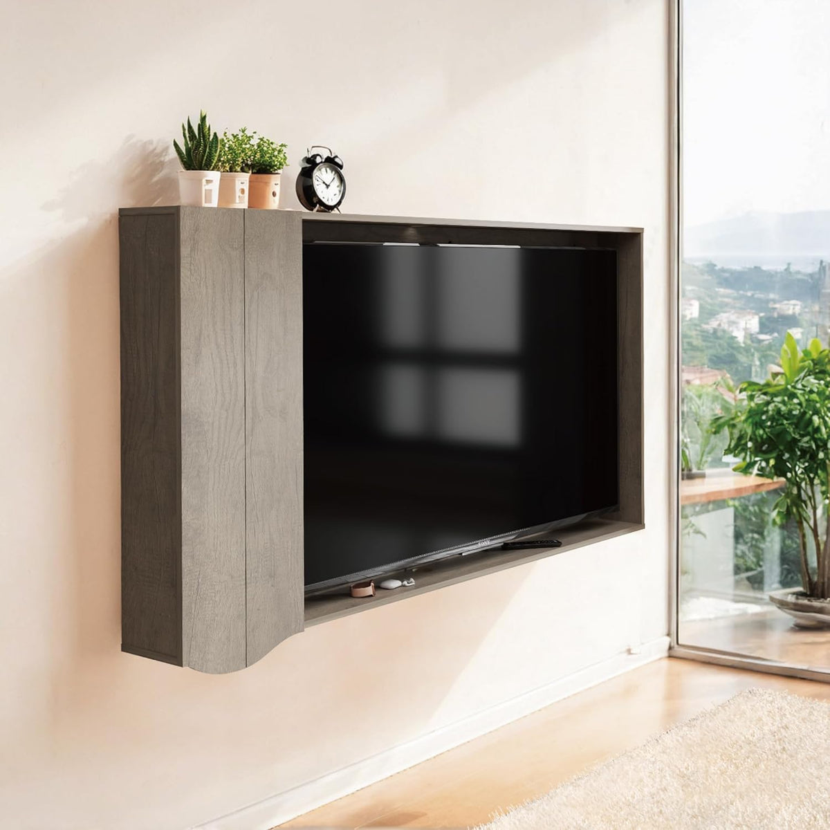 Custom Wood TV Frame with Storage, Mounted Above TV Shelf Wall Panel