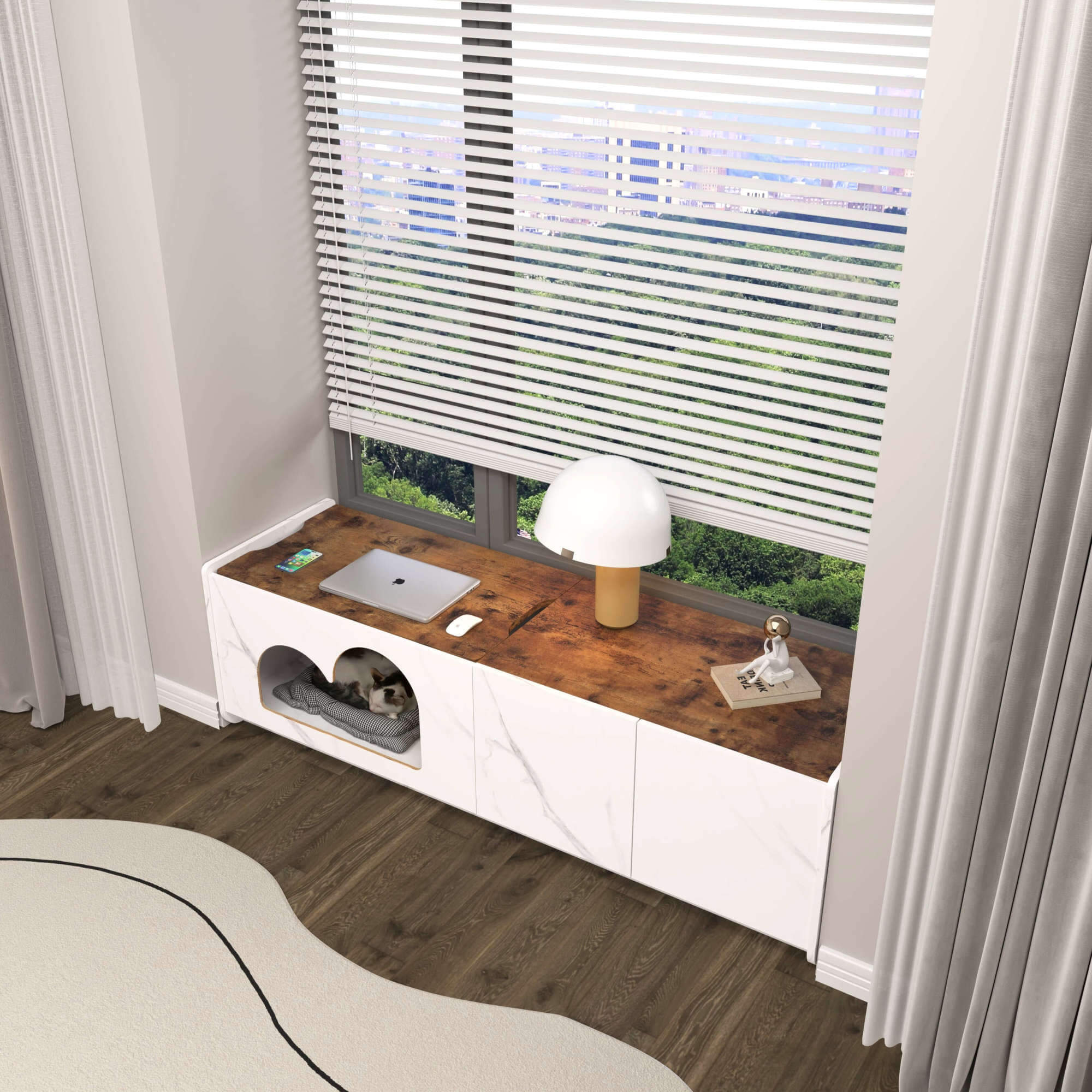 Custom Window Bench with Lifting Desk & Pet Kennel