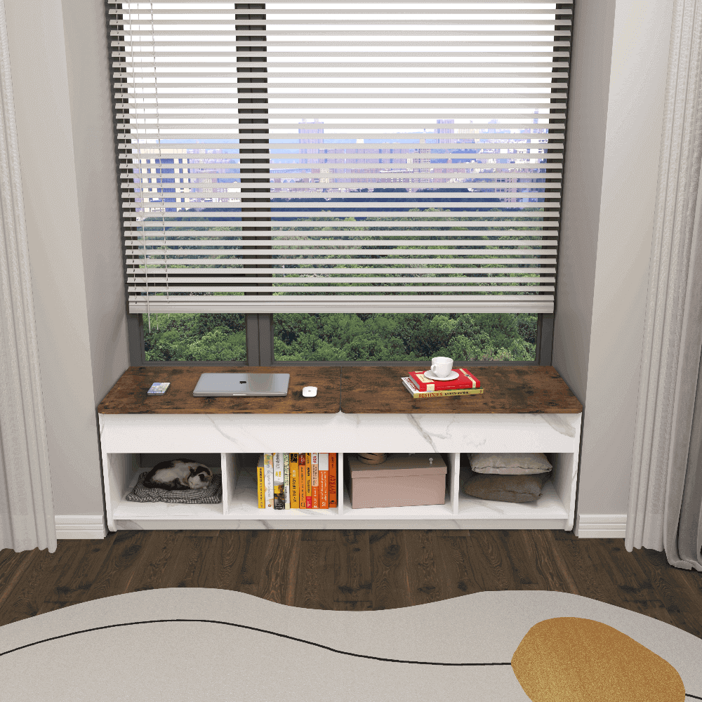 Custom Wooden Window Desk with Storage Cubbies