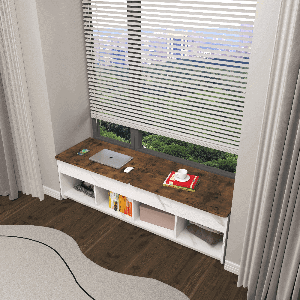 Custom Wooden Window Desk with Storage Cubbies