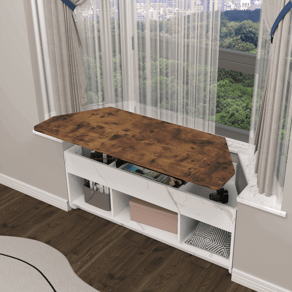 Custom Wooden Bay Window Bench with Lifting Desk & Open Cubbies