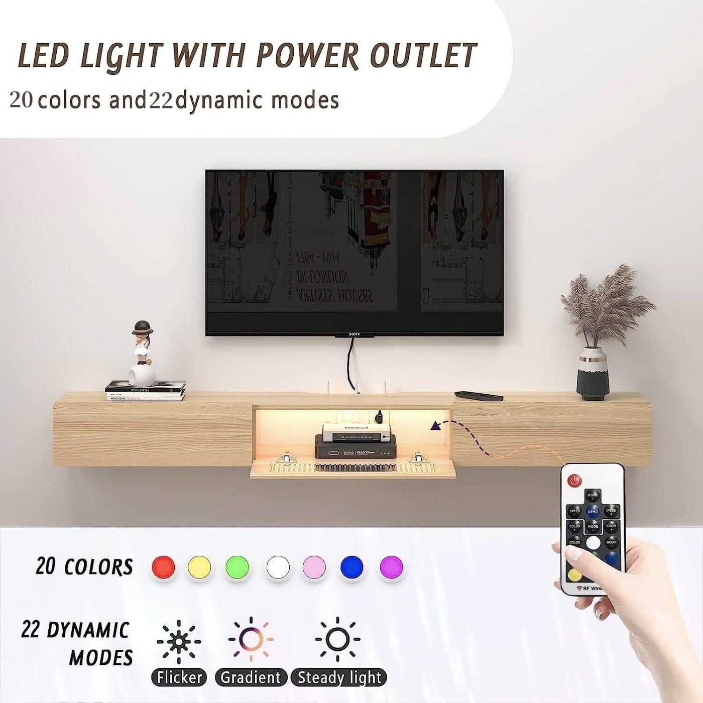 Customize Light Oak Floating TV Stand Wall Shelf with LED Lights and Storage Drawers