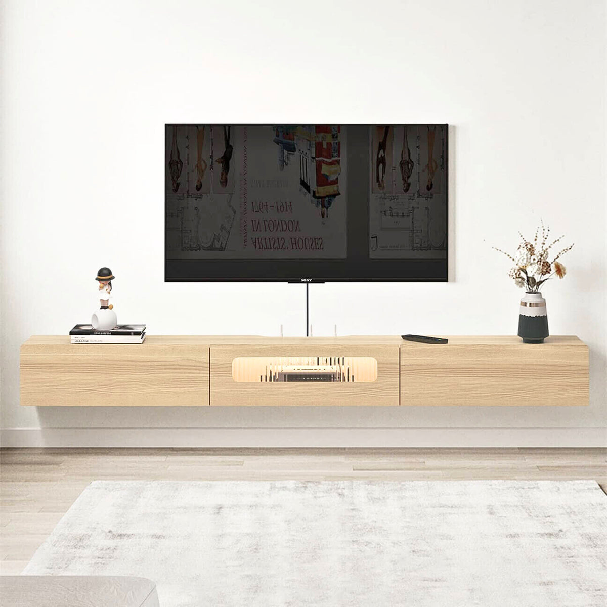 Customize Light Oak Floating TV Stand Wall Shelf with LED Lights and Storage Drawers