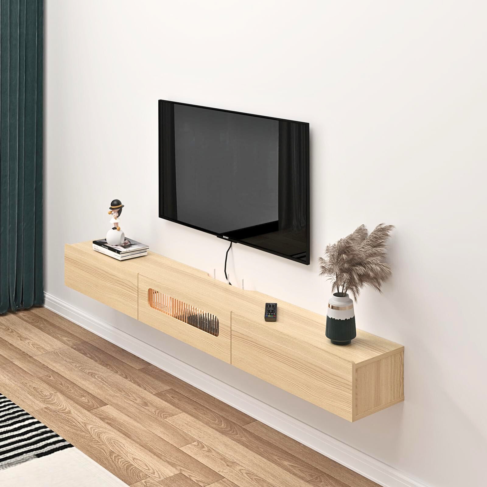 Customize Light Oak Floating TV Stand Wall Shelf with LED Lights and Storage Drawers