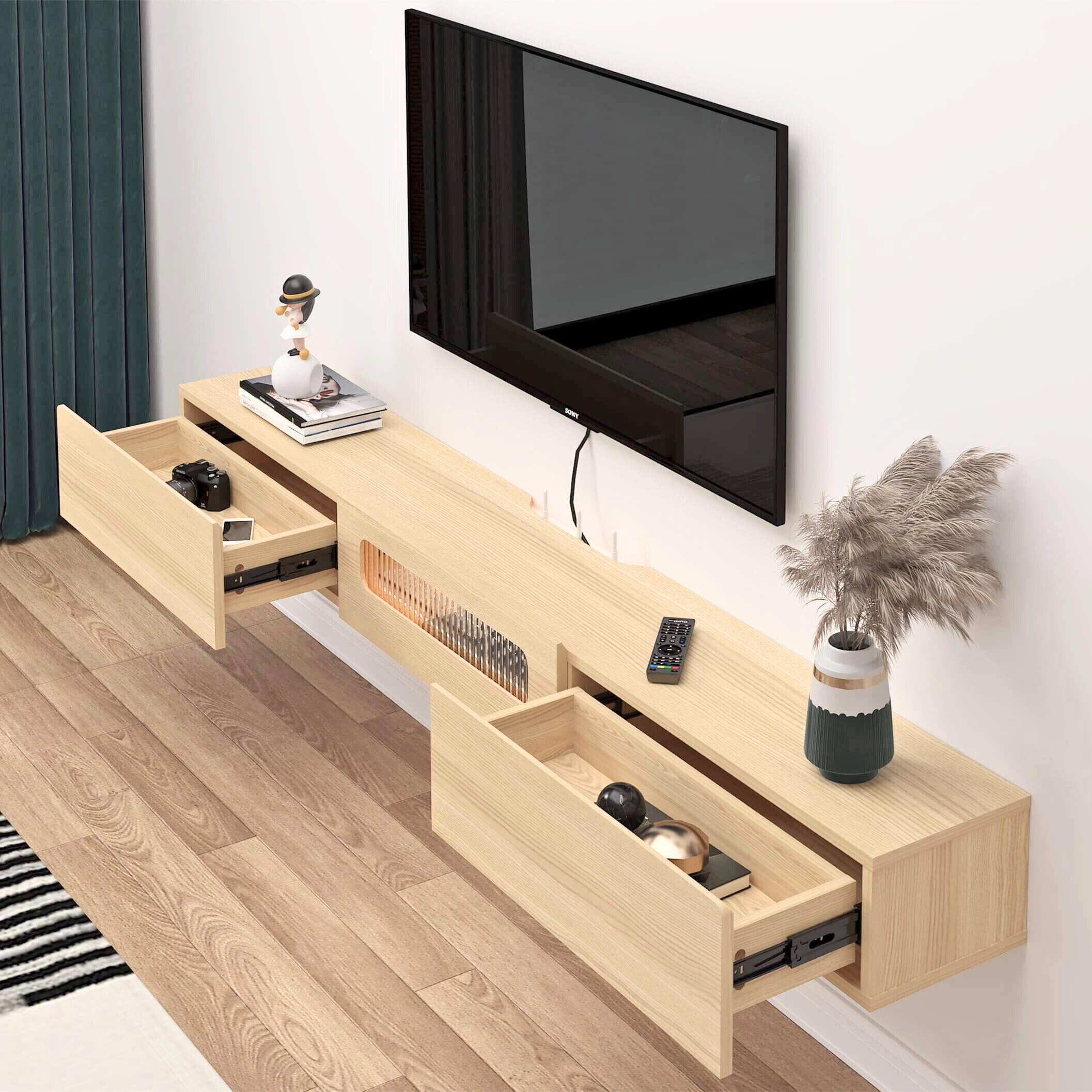 Customize Light Oak Floating TV Stand Wall Shelf with LED Lights and Storage Drawers
