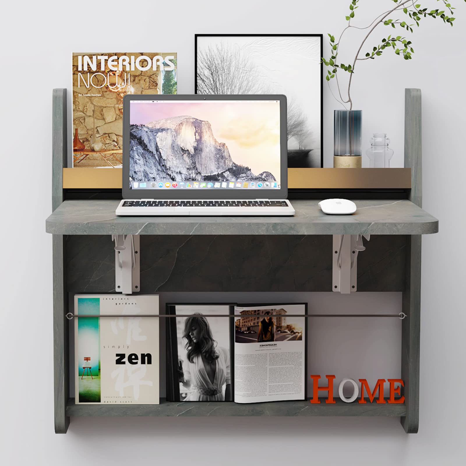 Wall Mounted Floating Folding Desk with Storage Shelf #color_pietra grey