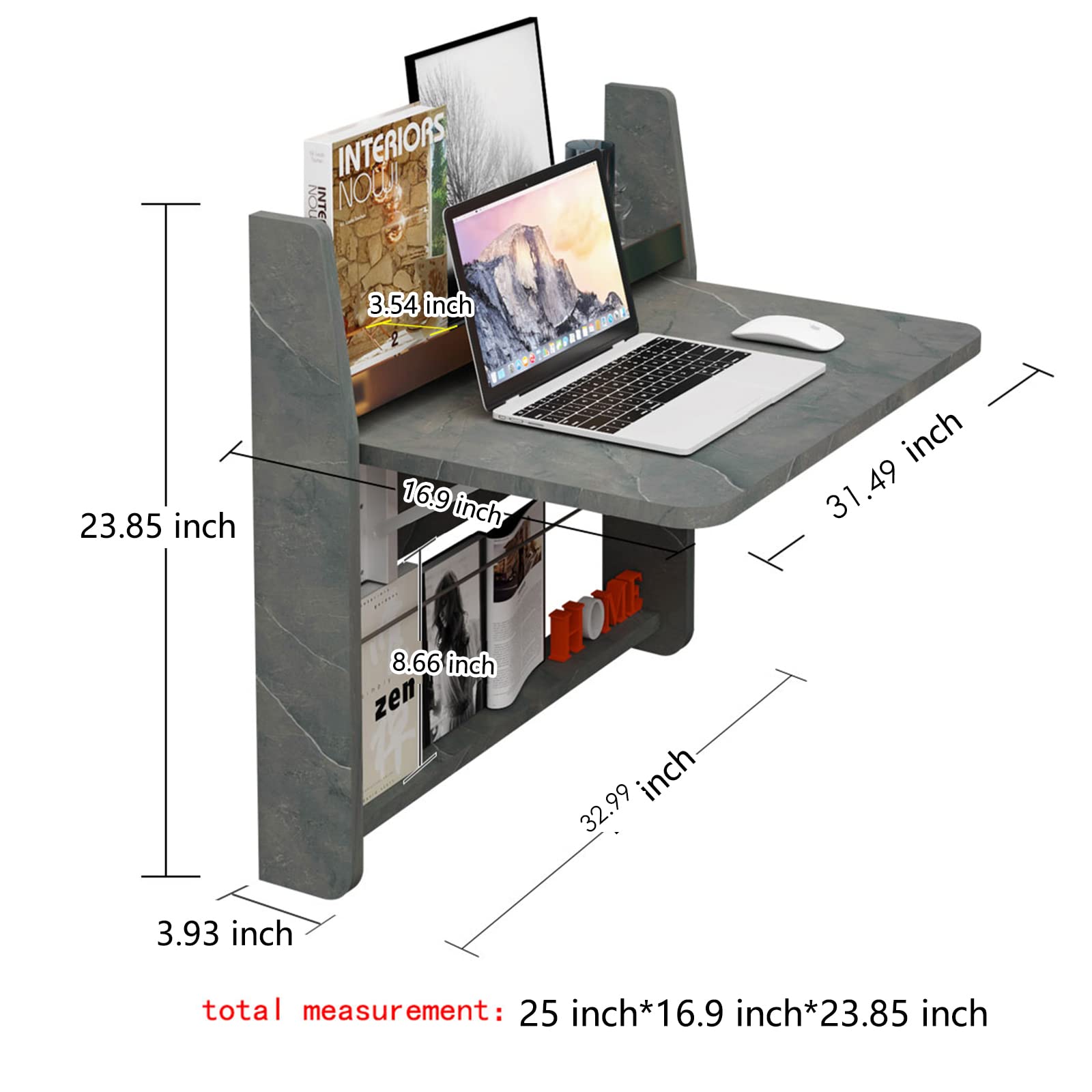 Wall Mounted Floating Folding Desk with Storage Shelf #color_pietra grey