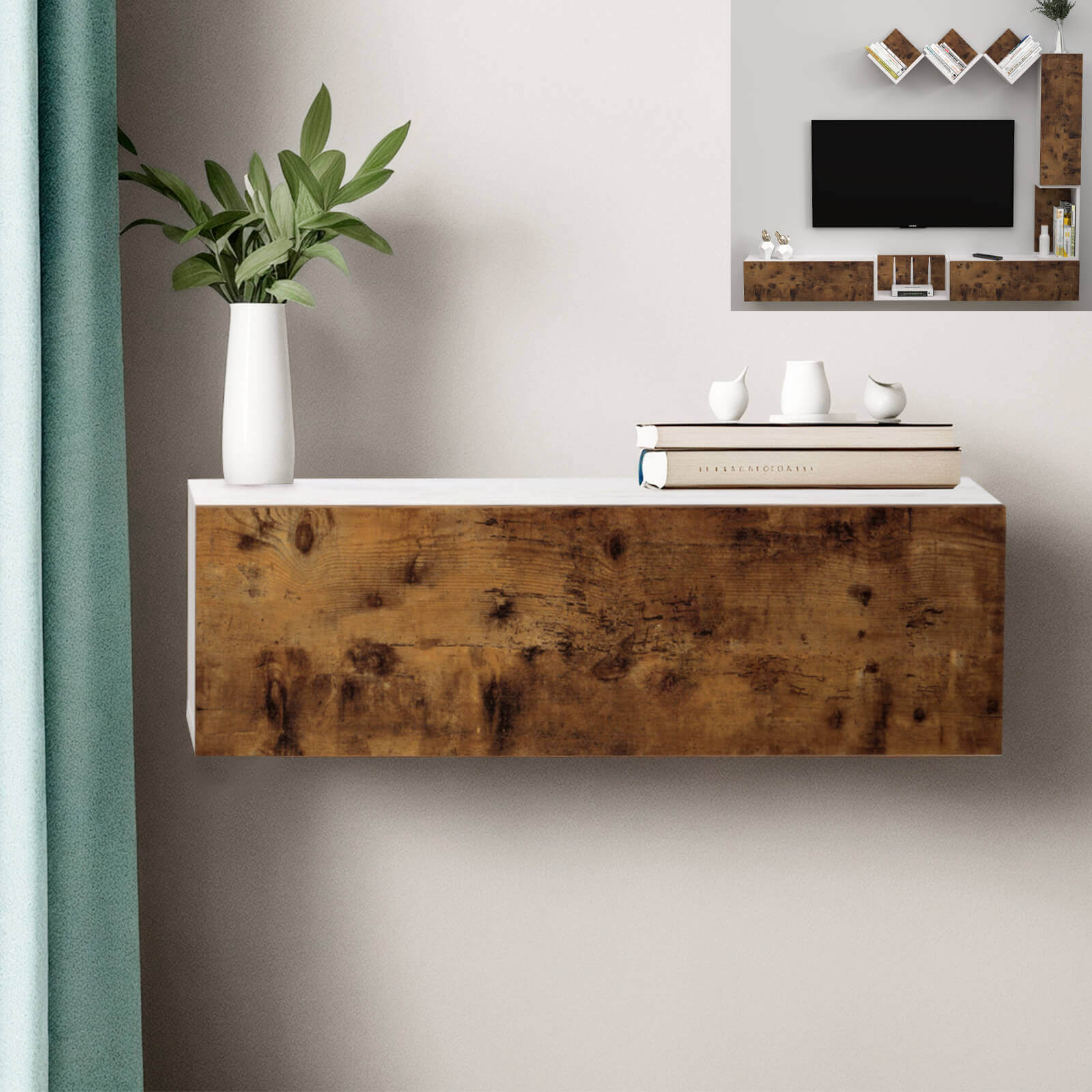 Rustic Brown Wood Above TV Shelf for DIY Floating TV Stand, U-Shelf (Single)