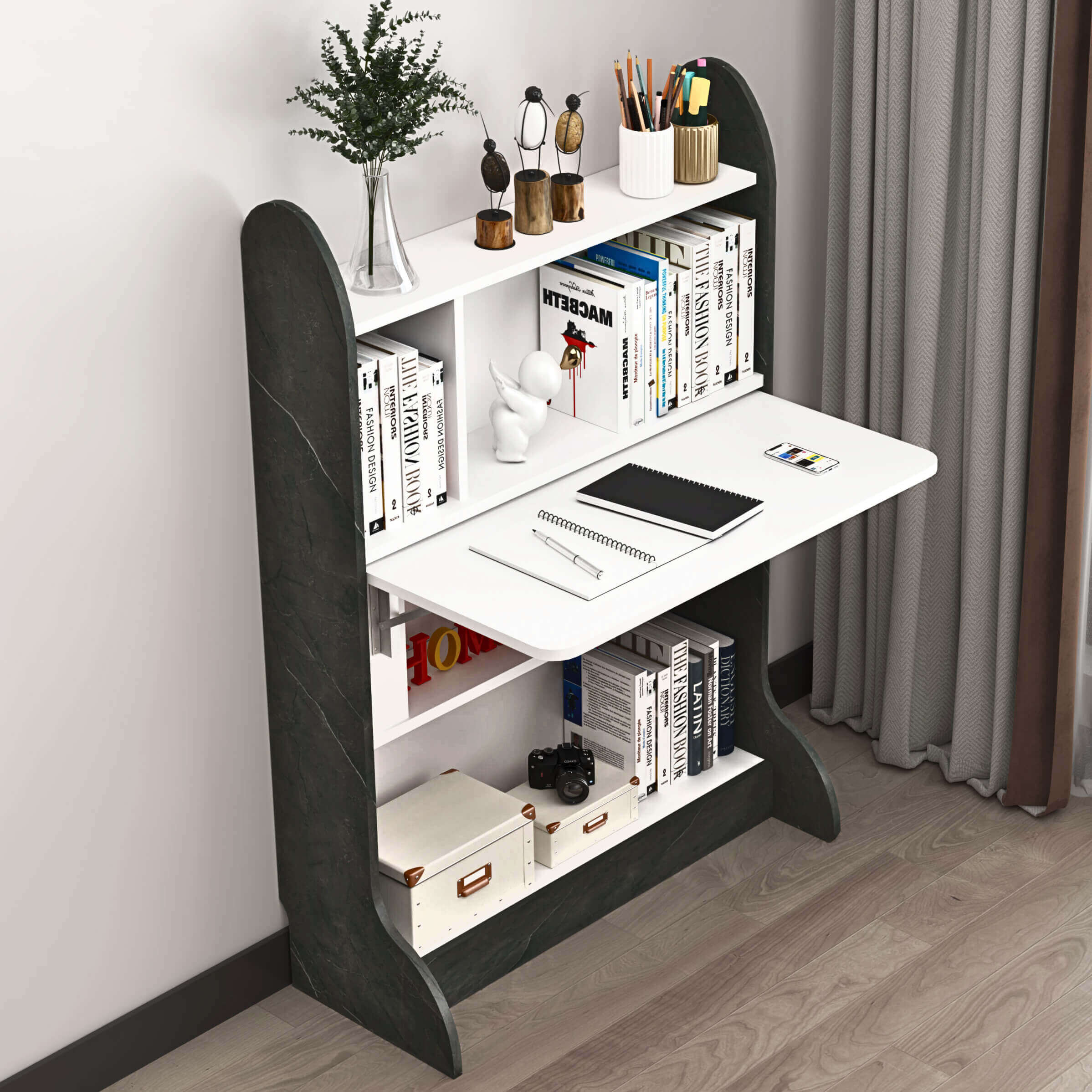 Plywood Wall Mountable Desk with Fold Up Table & Storage Shelves #table_flip down
