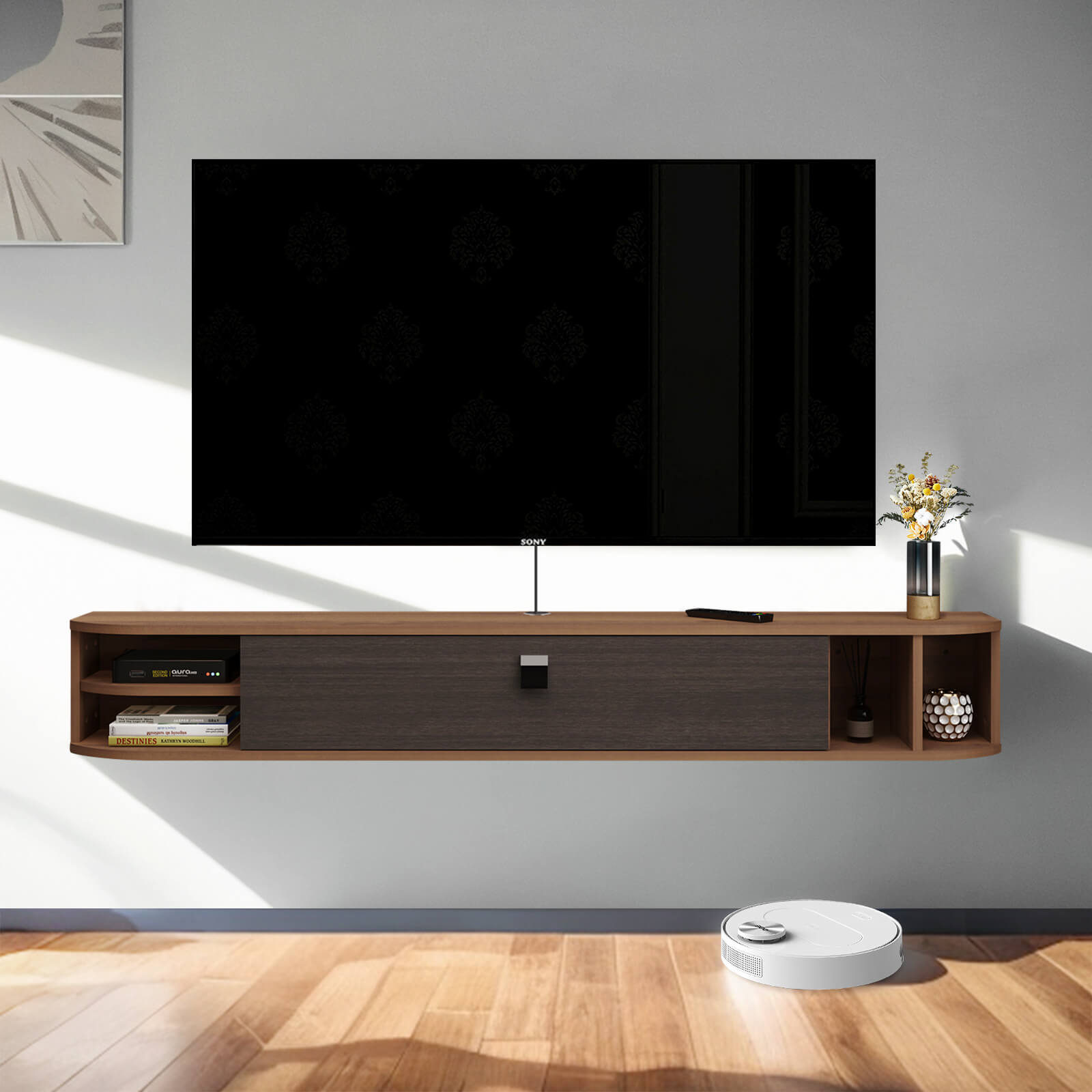 Plywood Wall Mounted Floating Media Cabinet TV Stand with Open Shelves and Door Storage #color_walnut