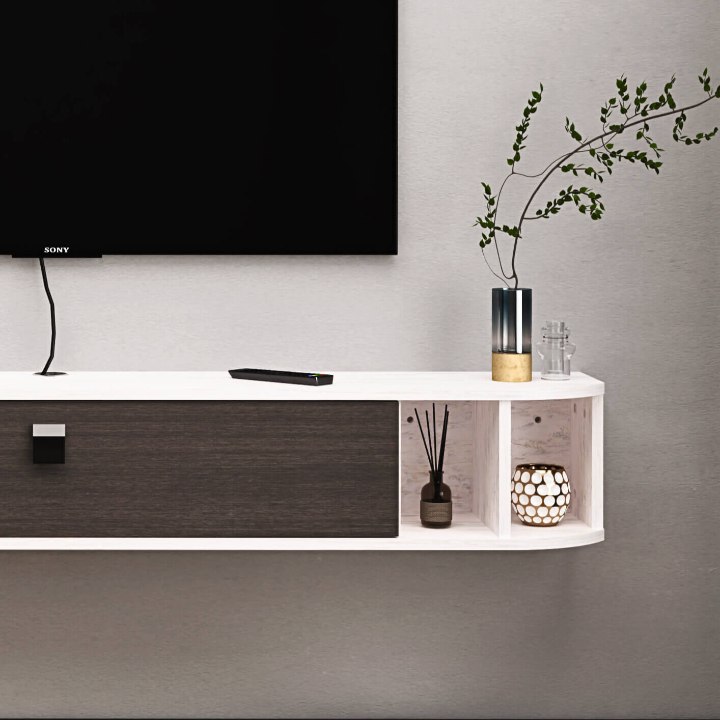 Plywood Wall Mounted Floating Media Cabinet TV Stand with Open Shelves and Door Storage #color_greyish white