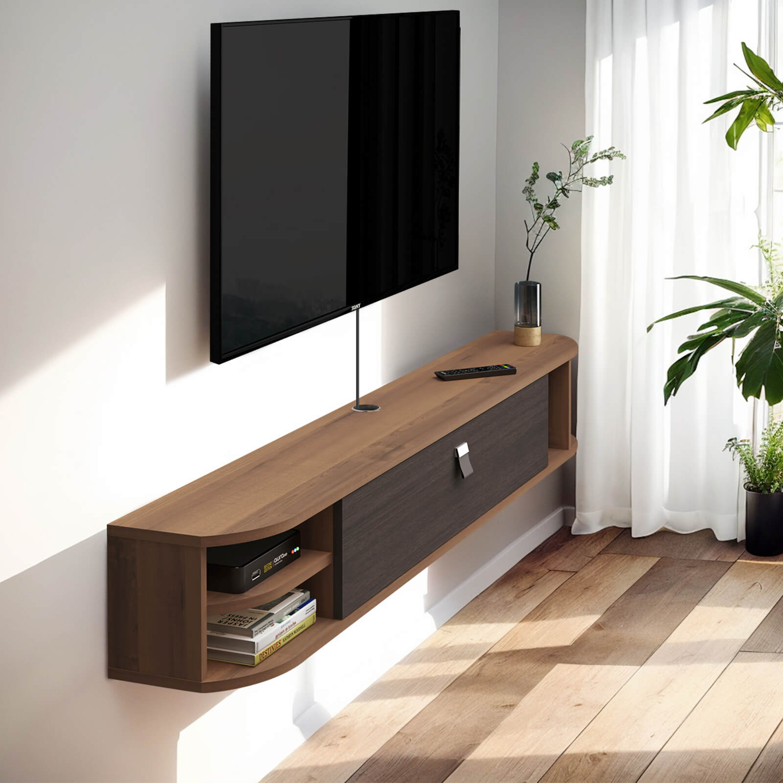 Plywood Wall Mounted Floating Media Cabinet TV Stand with Open Shelves and Door Storage #color_walnut