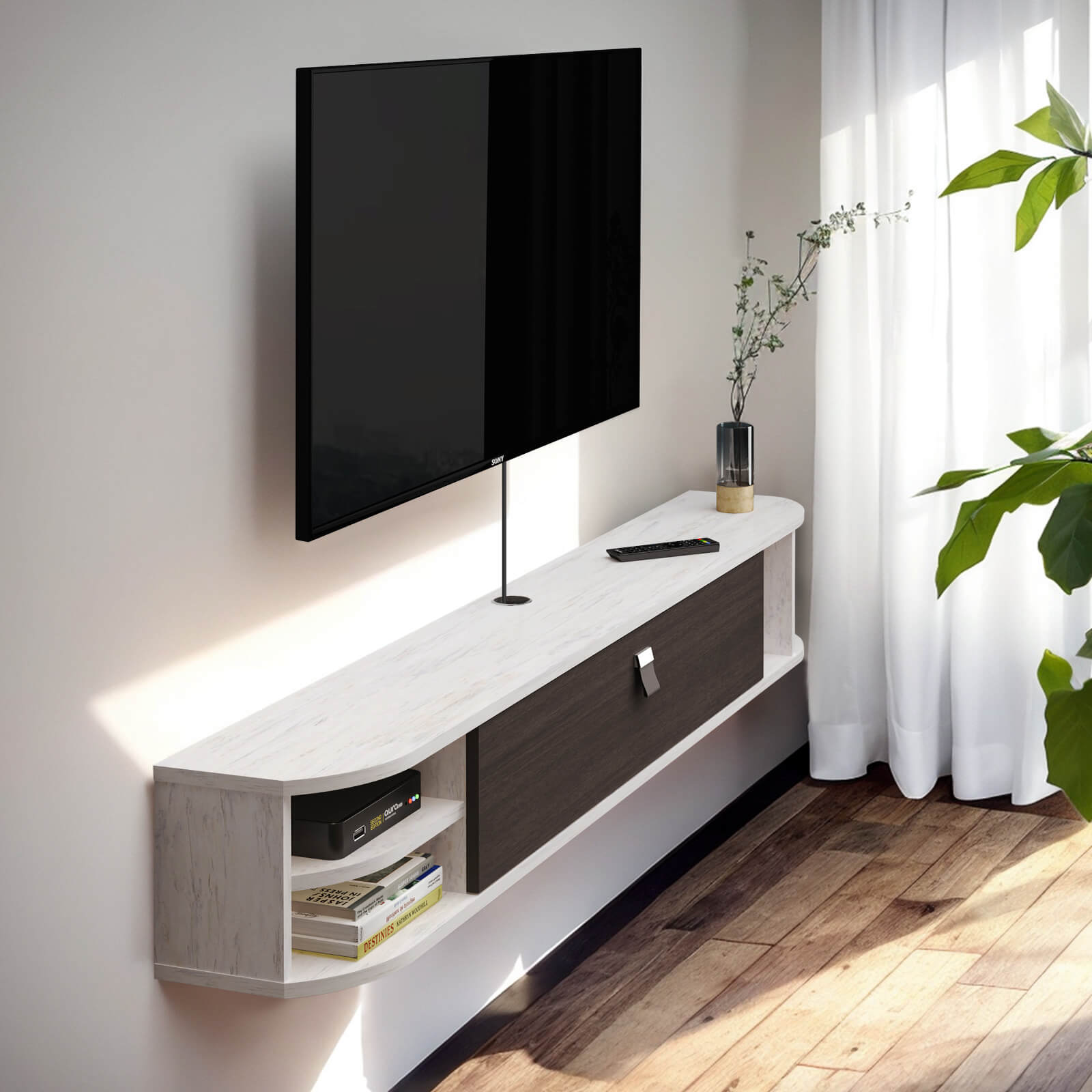 Plywood Wall Mounted Floating Media Cabinet TV Stand with Open Shelves and Door Storage #color_greyish white