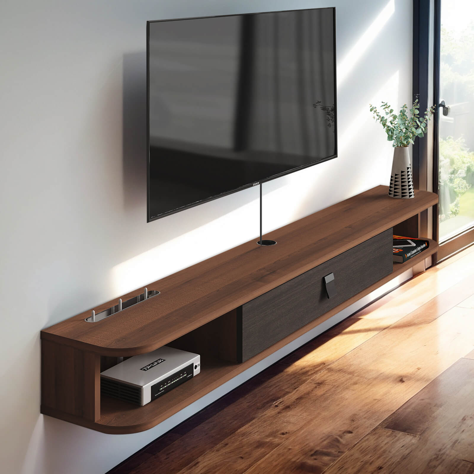Dual Tone Plywood Wall Mounted Floating TV Unit with Two Open Shelves and One Door Storage #color_walnut