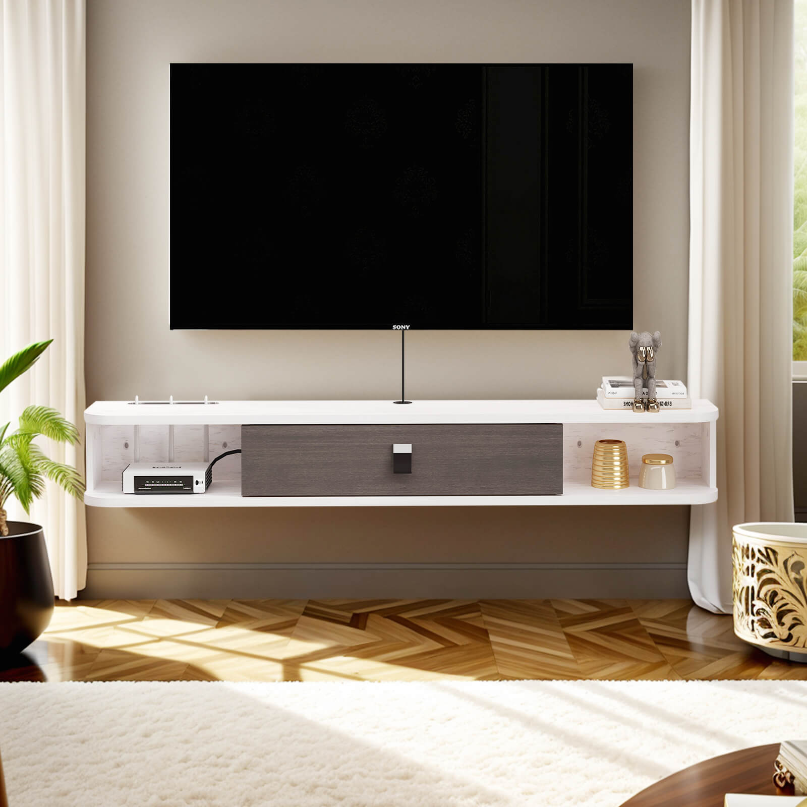 Dual Tone Plywood Wall Mounted Floating TV Unit with Two Open Shelves and One Door Storage #color_greyish white