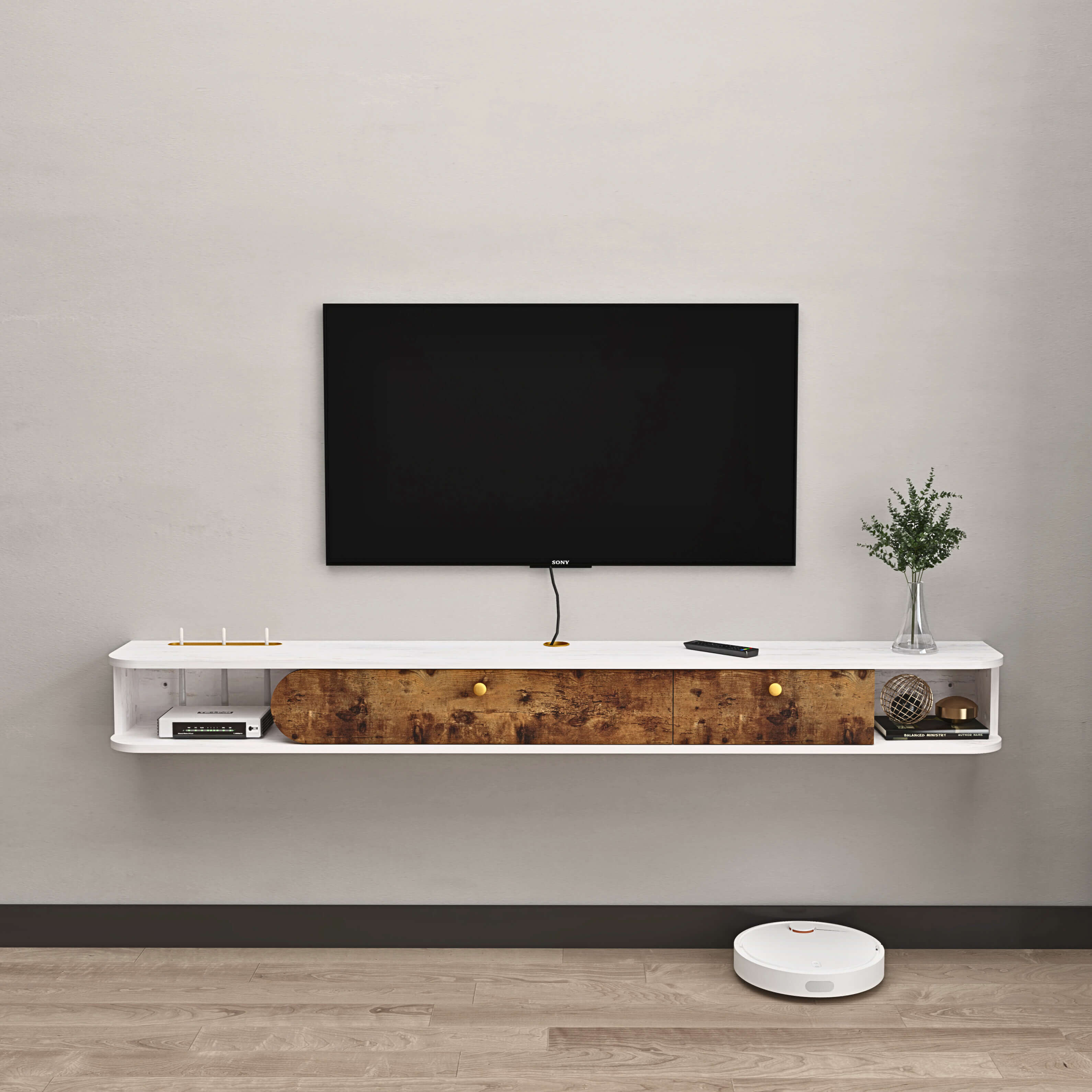 59.13" Dual Tone Rustic Brown White Modern Floating TV Stand with Drawer