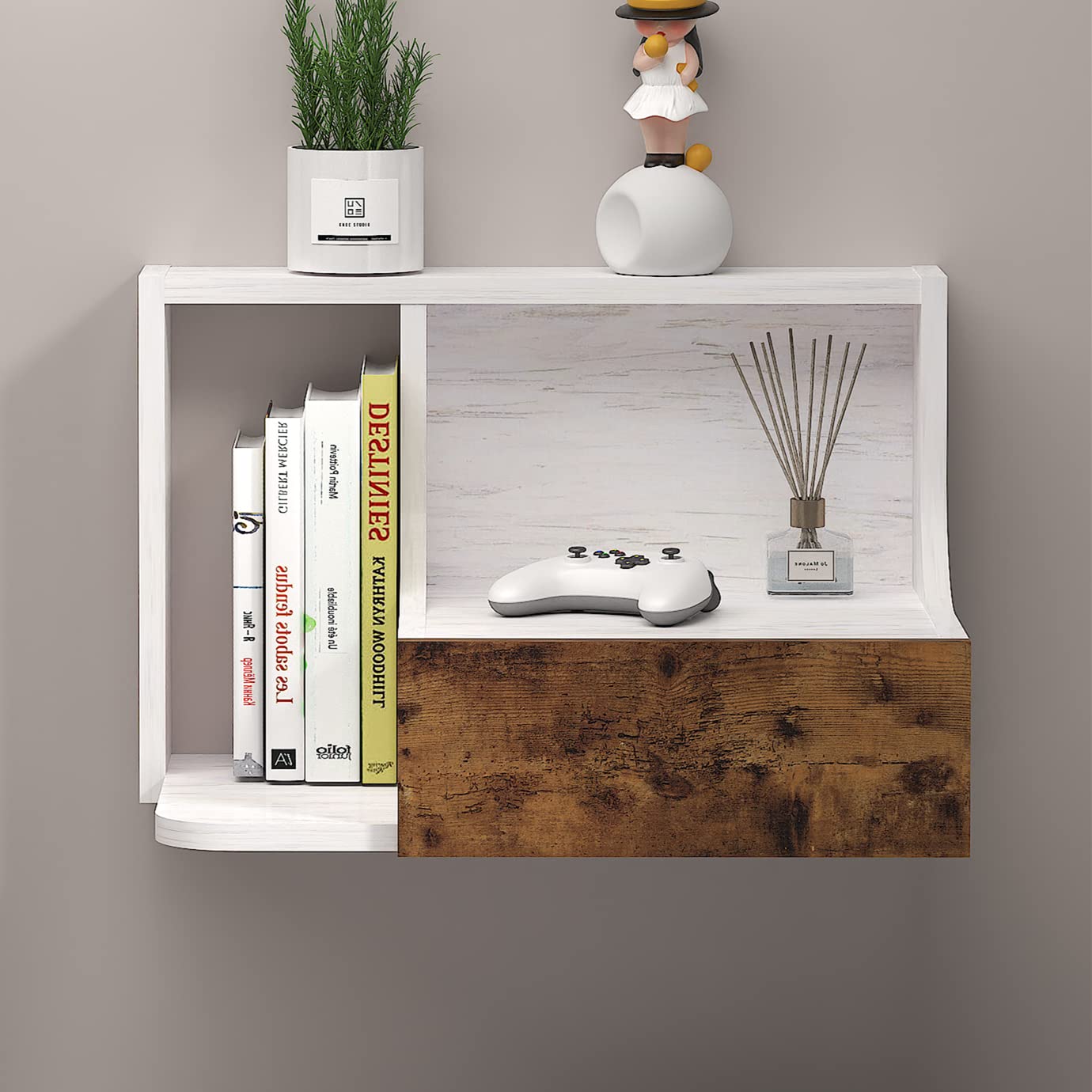 Plywood Rustic Floating Nightstand with Storage Drawer & Open Shelf