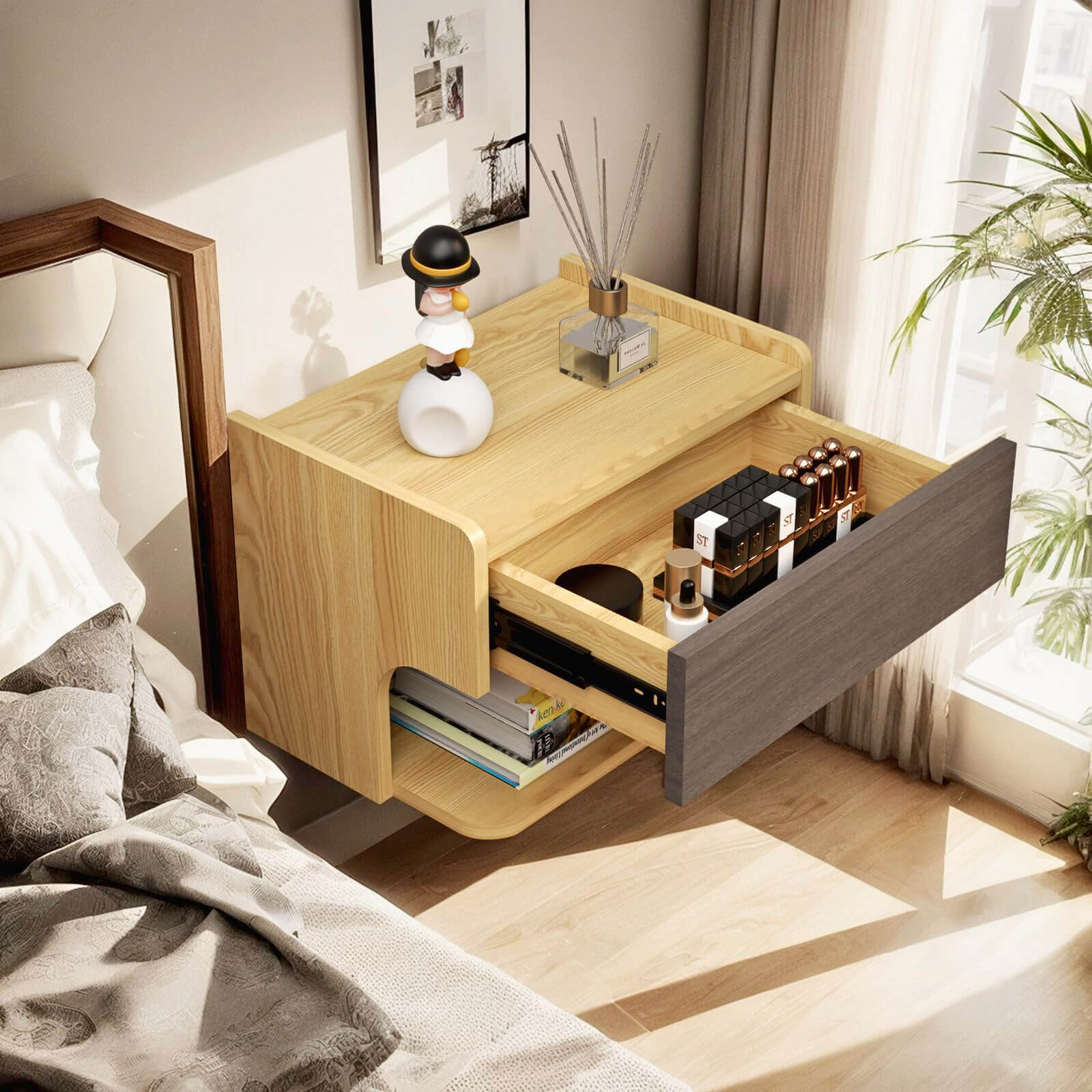 Dual Tone Wood Floating Nightstands with Drawer & Open Shelf