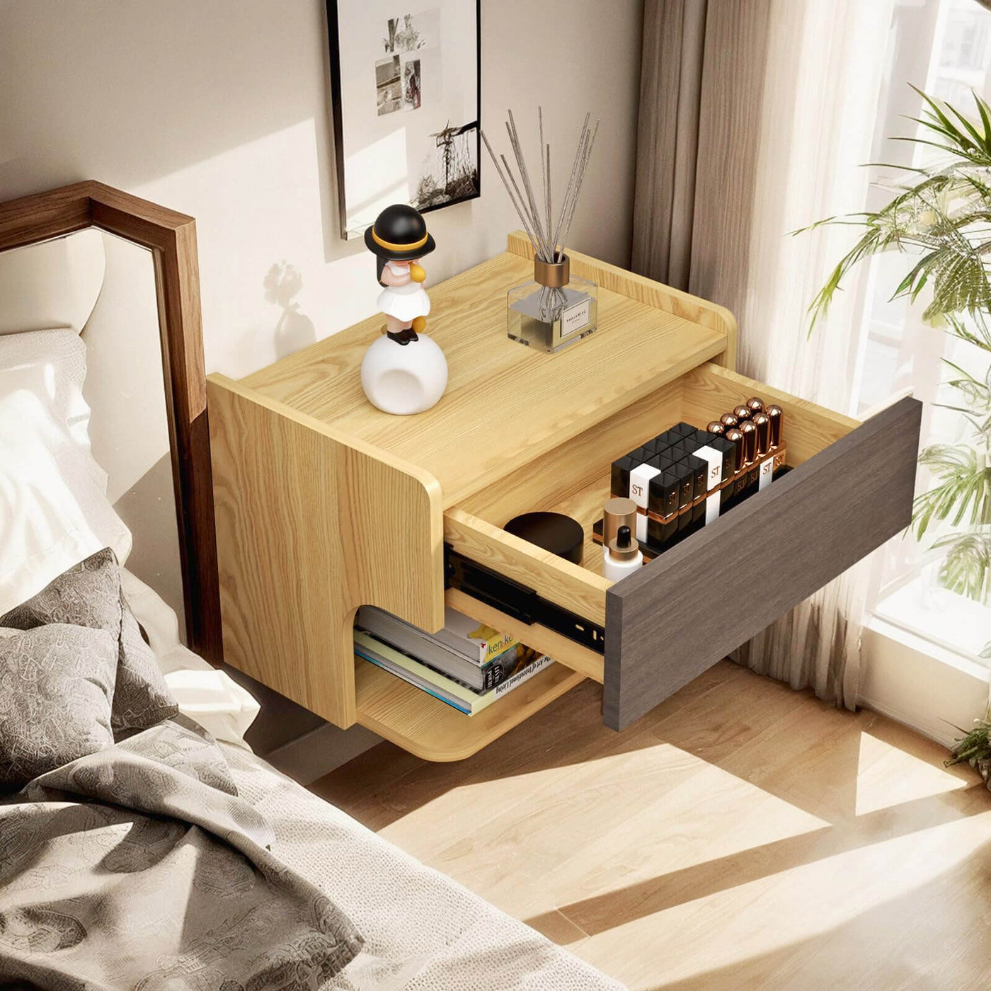 Light Oak Wooden Floating Nightstand Bedside Table Wallmounted Drawer