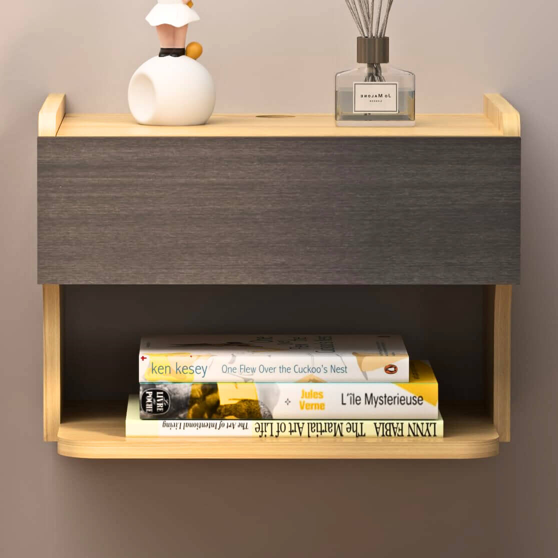 Dual Tone Wood Floating Nightstands with Drawer & Open Shelf
