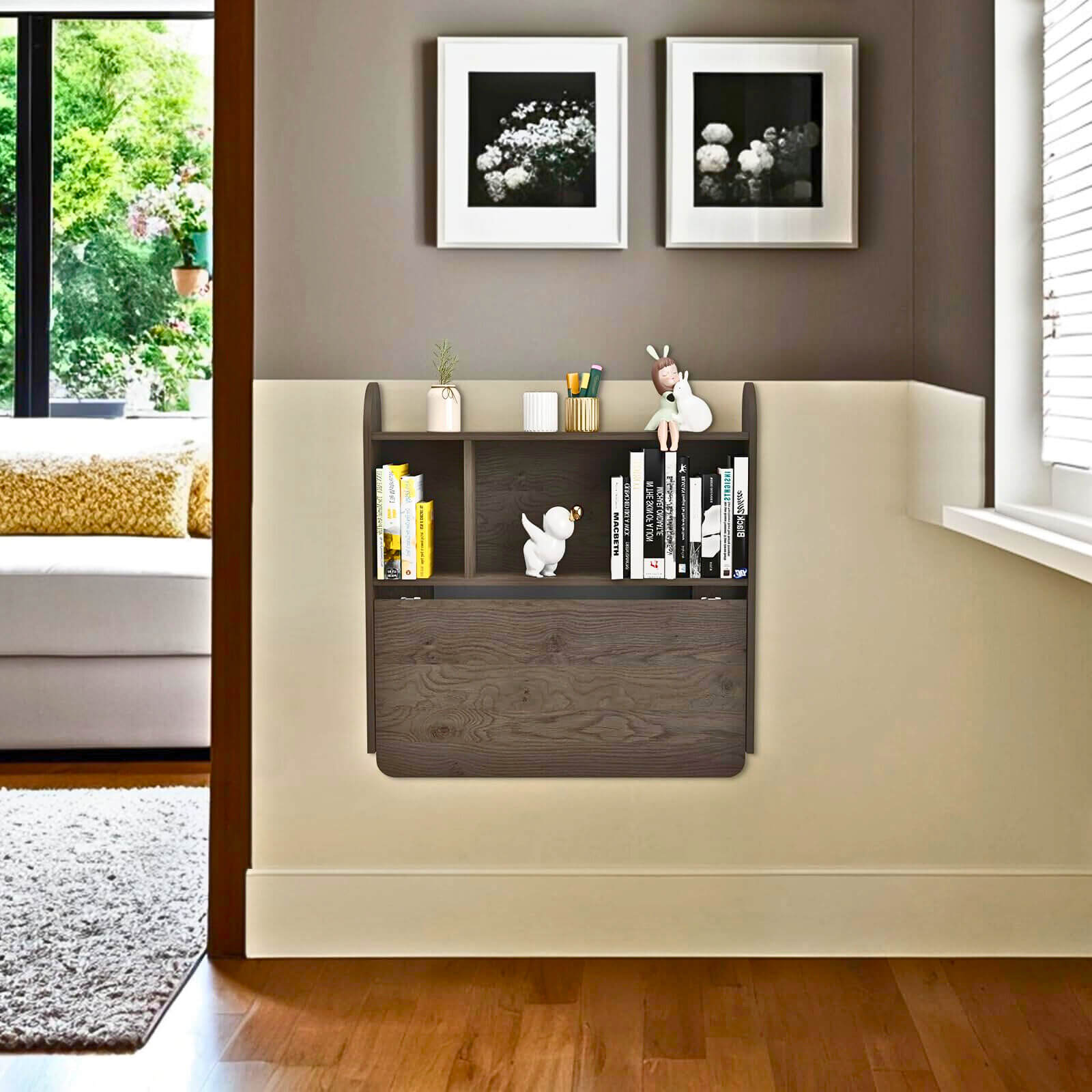 Farmhouse Grey Wood Wall Mounted Fold Down Desk with Storage Shelf