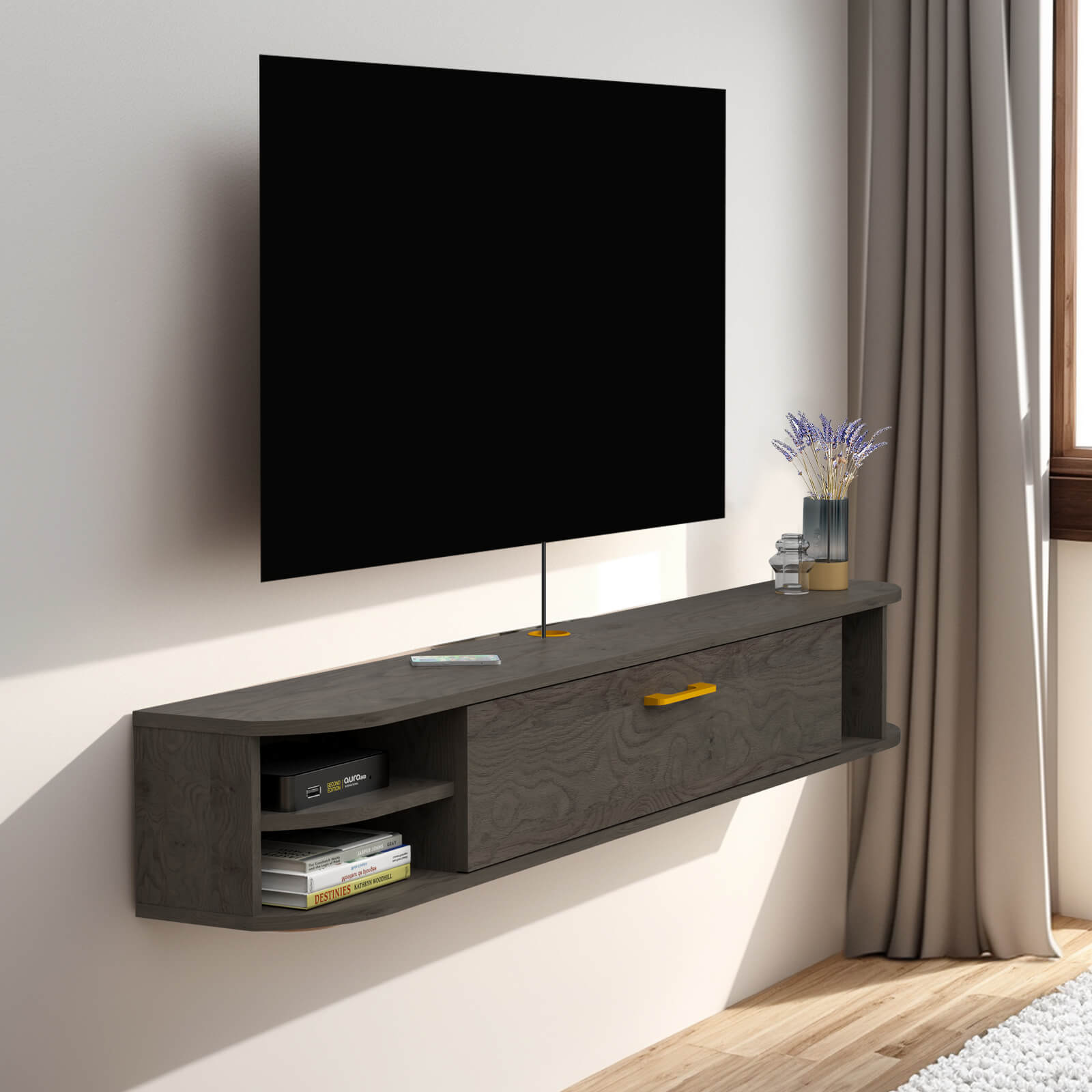 Floating TV Console with Golden Handle and Flip-down Door #color_rustic grey
