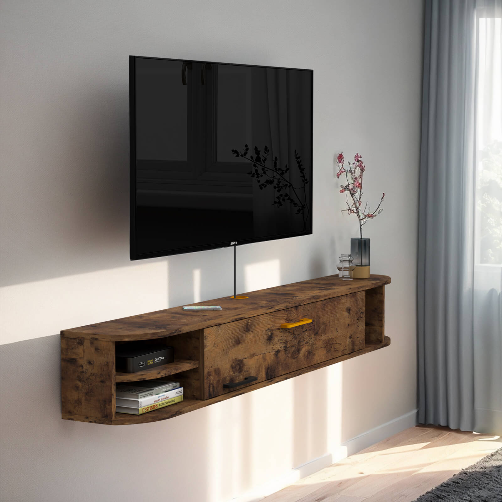 Floating TV Console with Golden Handle and Flip-down Door #color_rustic brown