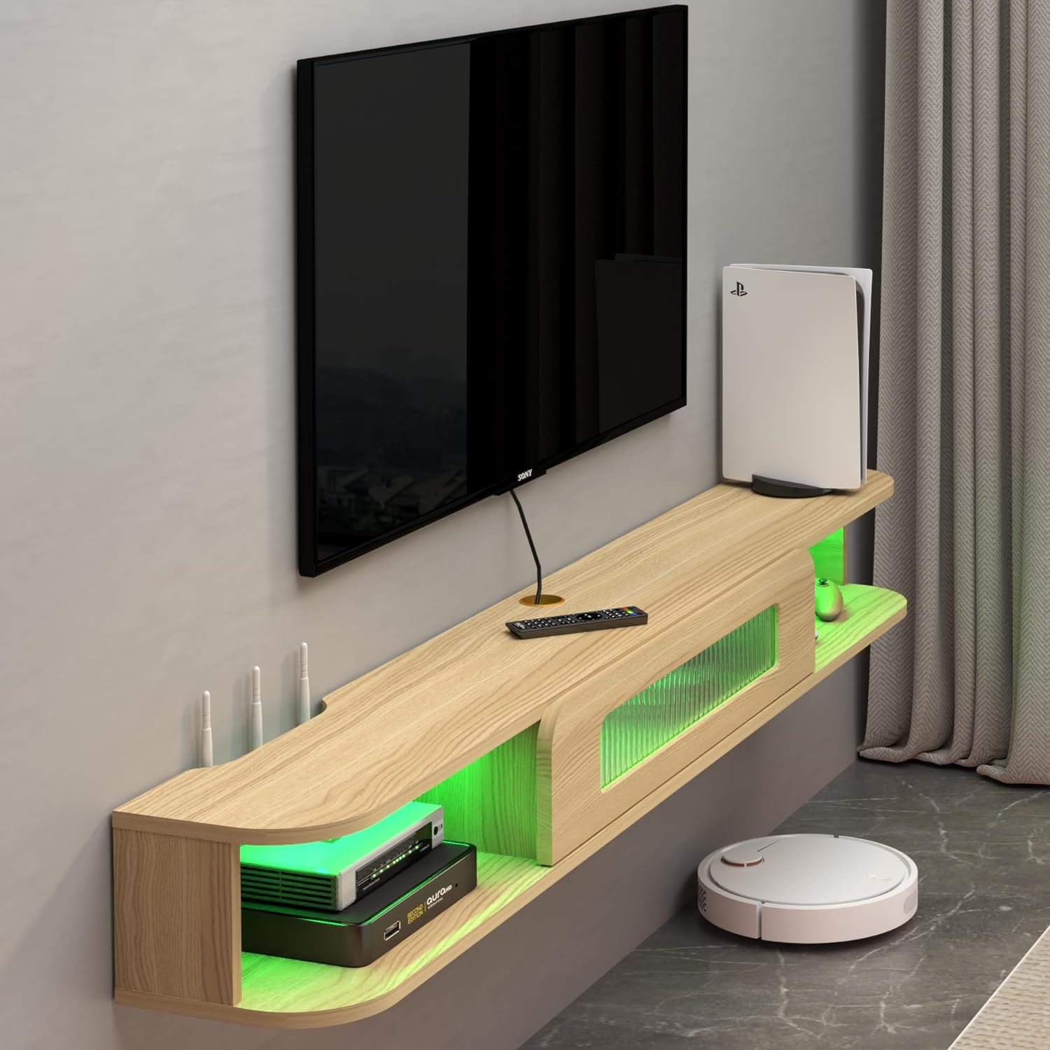 Modern Slim Floating TV Stand Wall Shelf with LED Lights and Glass Door #color_light oak