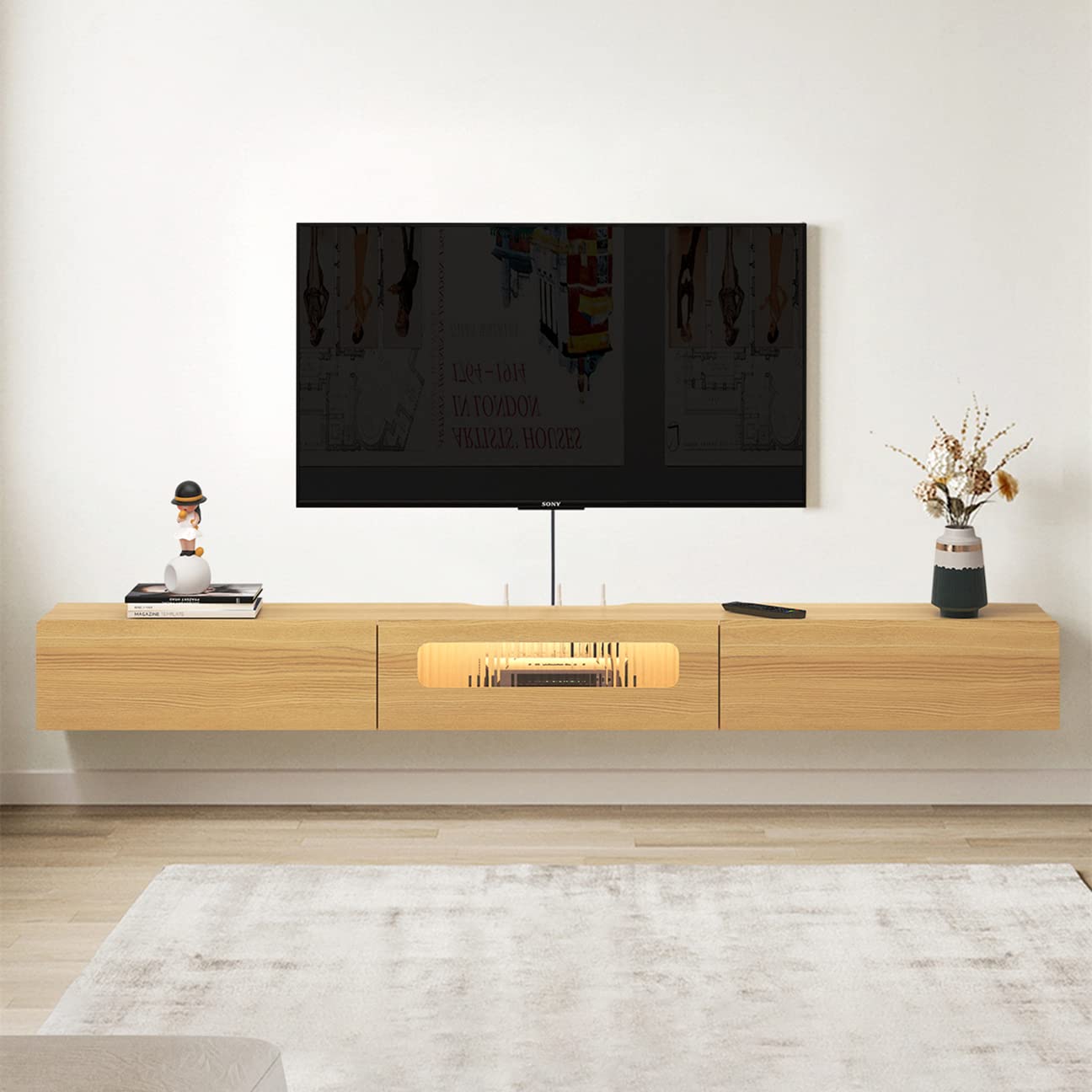 70.86" Light Oak Floating TV Stand with LED Lights and Drawers