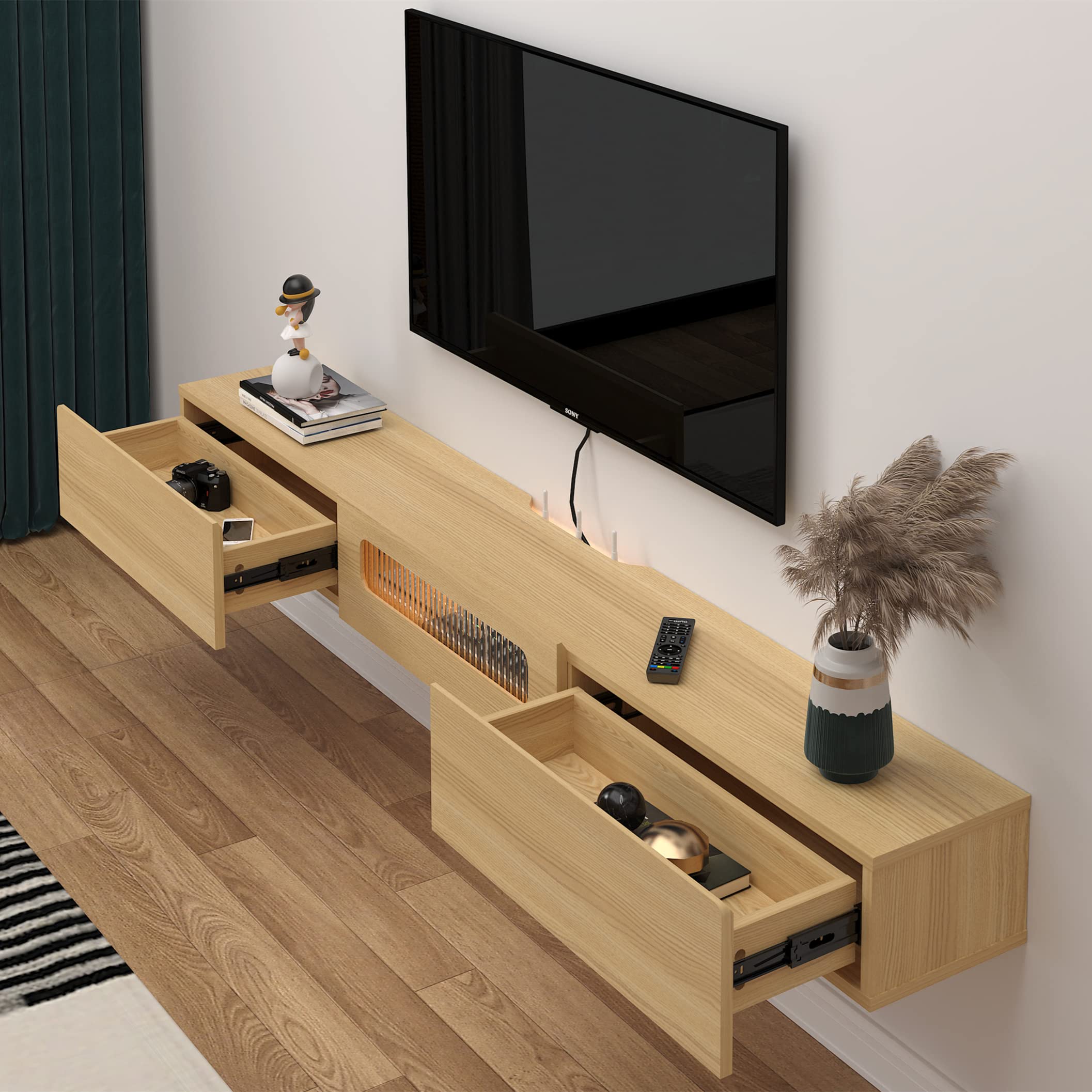 70.86" Light Oak Floating TV Stand with LED Lights and Drawers