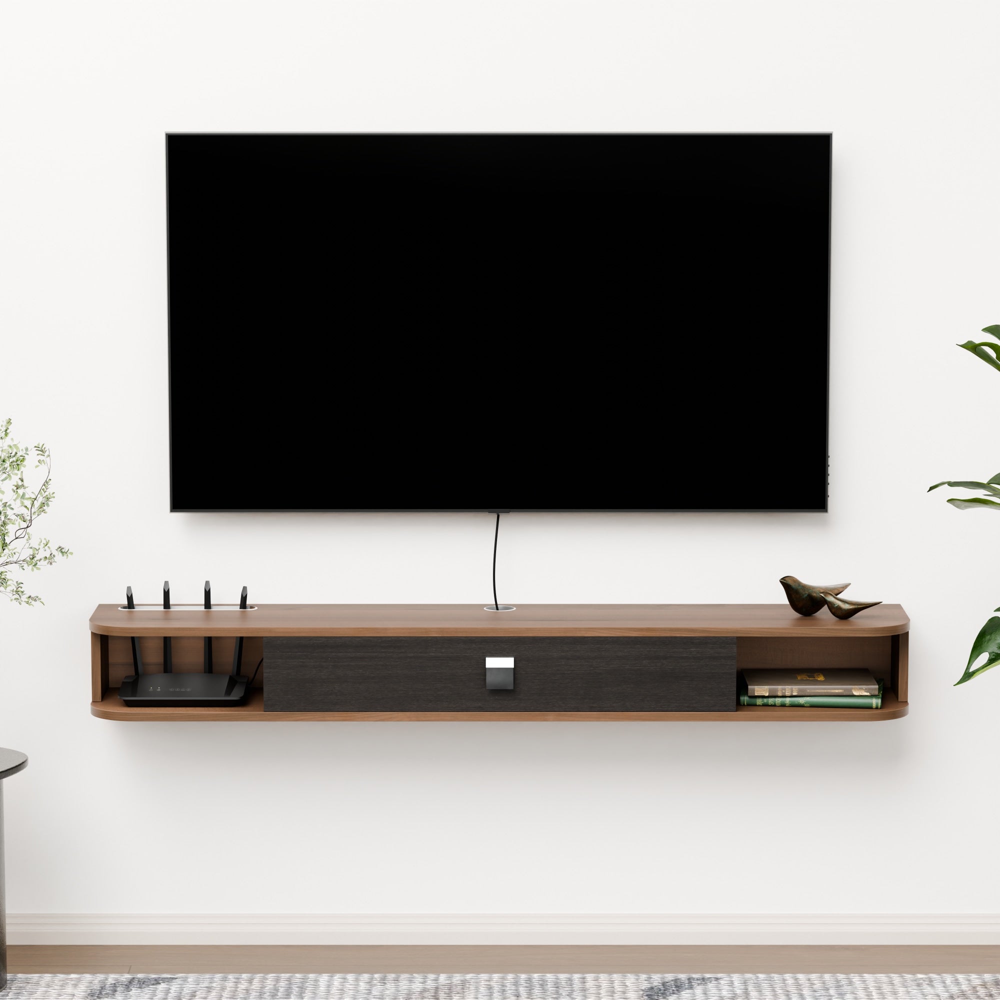 floativa Eclan floating tv stand with shelf and door for 55 60 inch tv, walnut