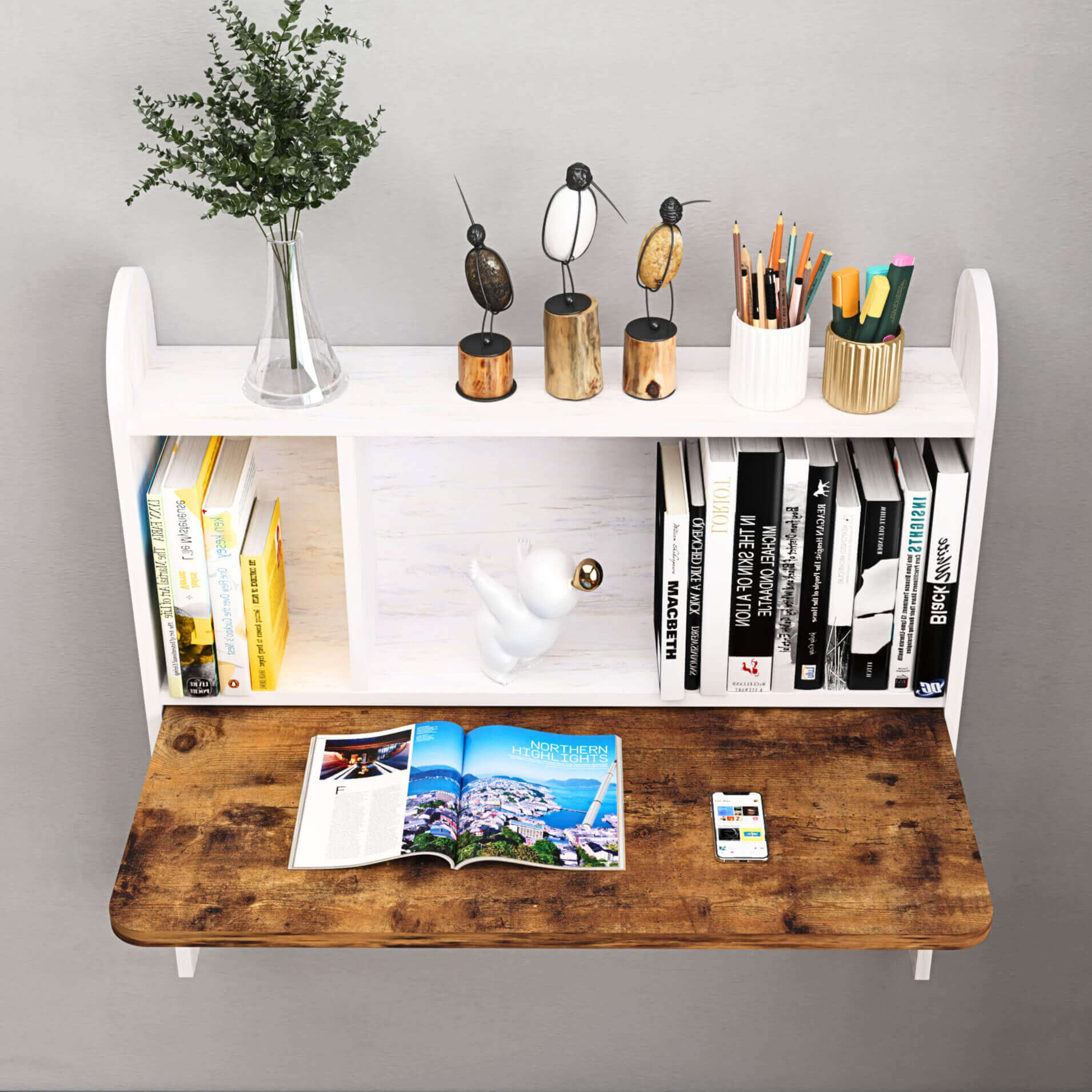 Rustic Brown Wood Wall Mounted Fold Down Desk with Storage Shelf, 33.07"W 31.7"H