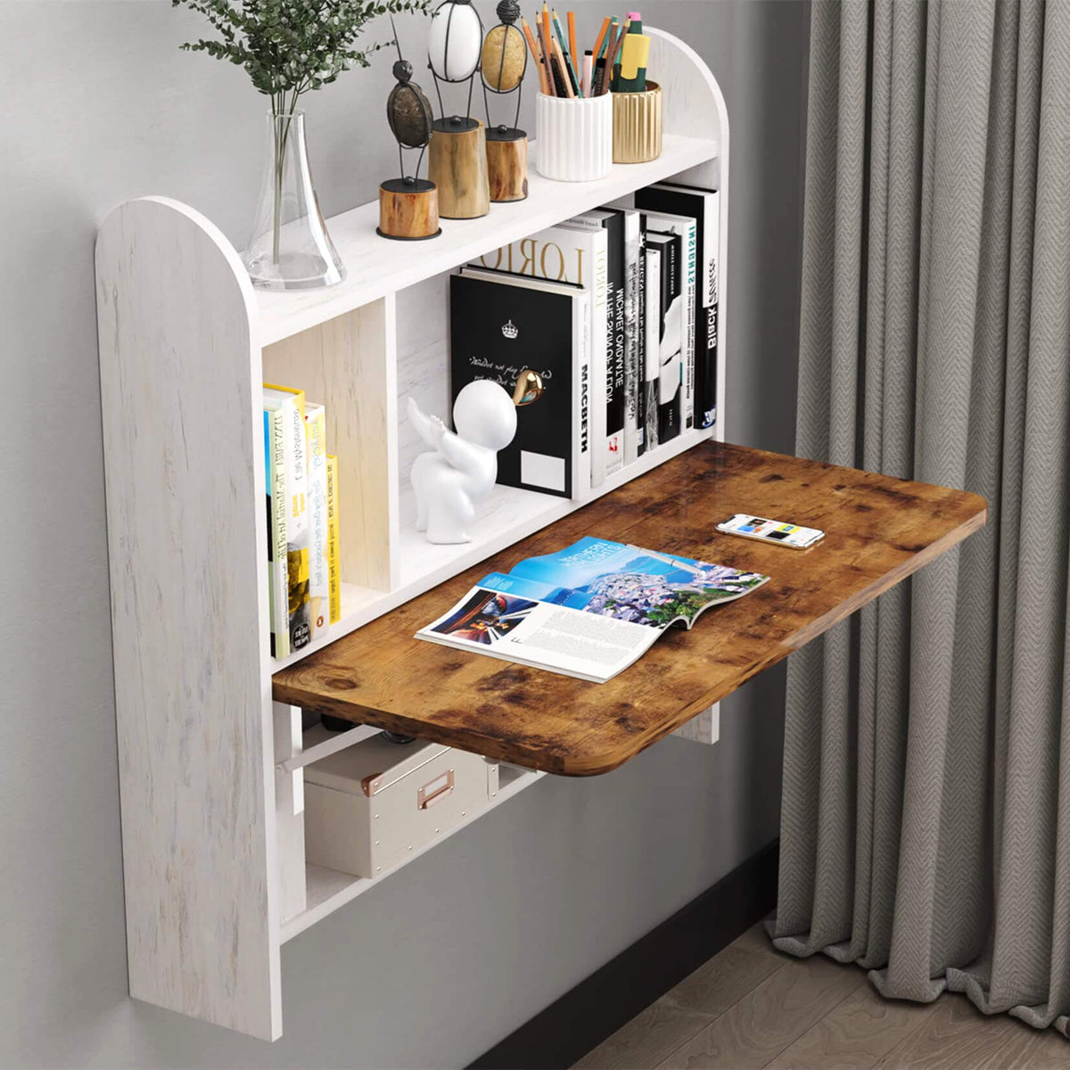 Drop Top Computer Desk Plywood Wall Mounted Floating Folding Desks with Shelves & Drop Leaf ...