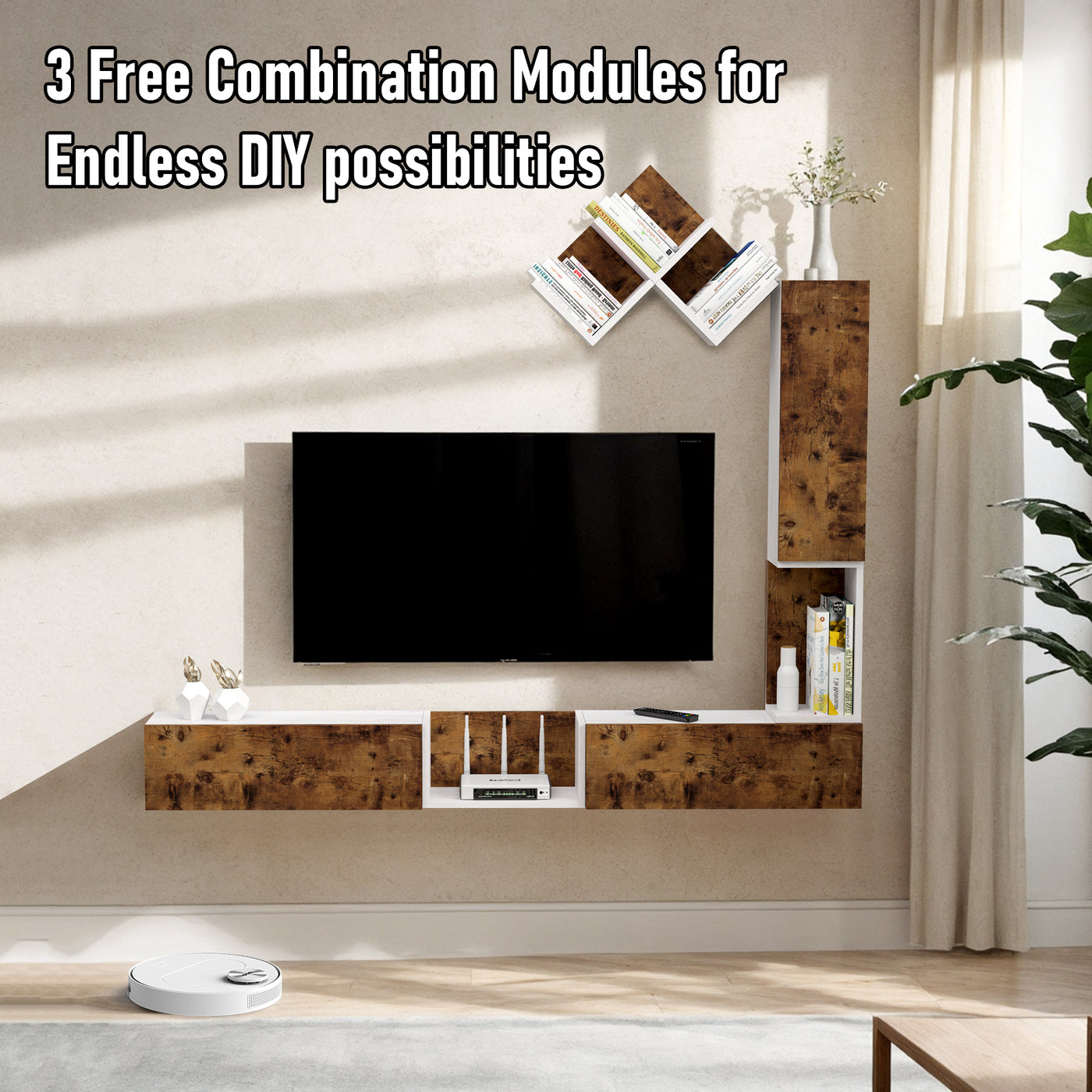 Rustic Plywood Modular Floating TV Stand with Above Shelves 70", 90" TVs