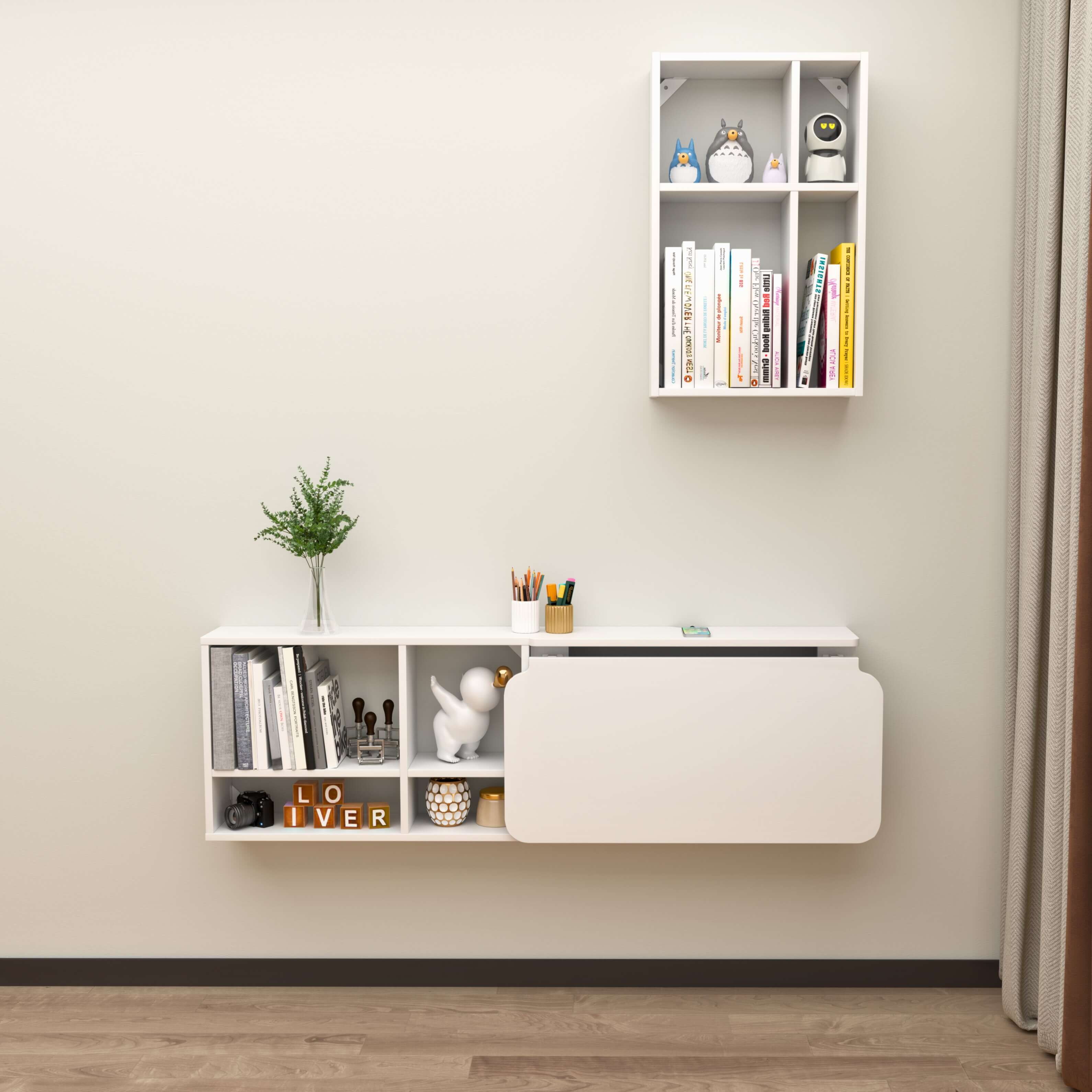 White Wood Wall Mounted Fold Down Desk with Bookshelves for Home