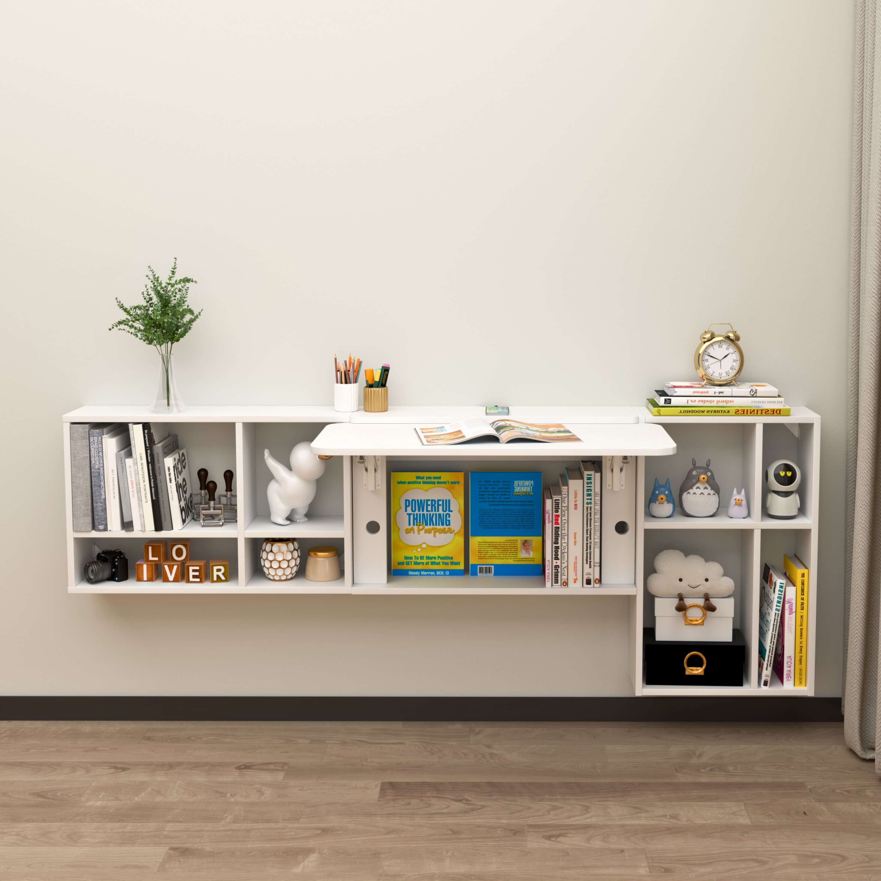 White Wood Wall Mounted Fold Down Desk with Bookshelves for Home