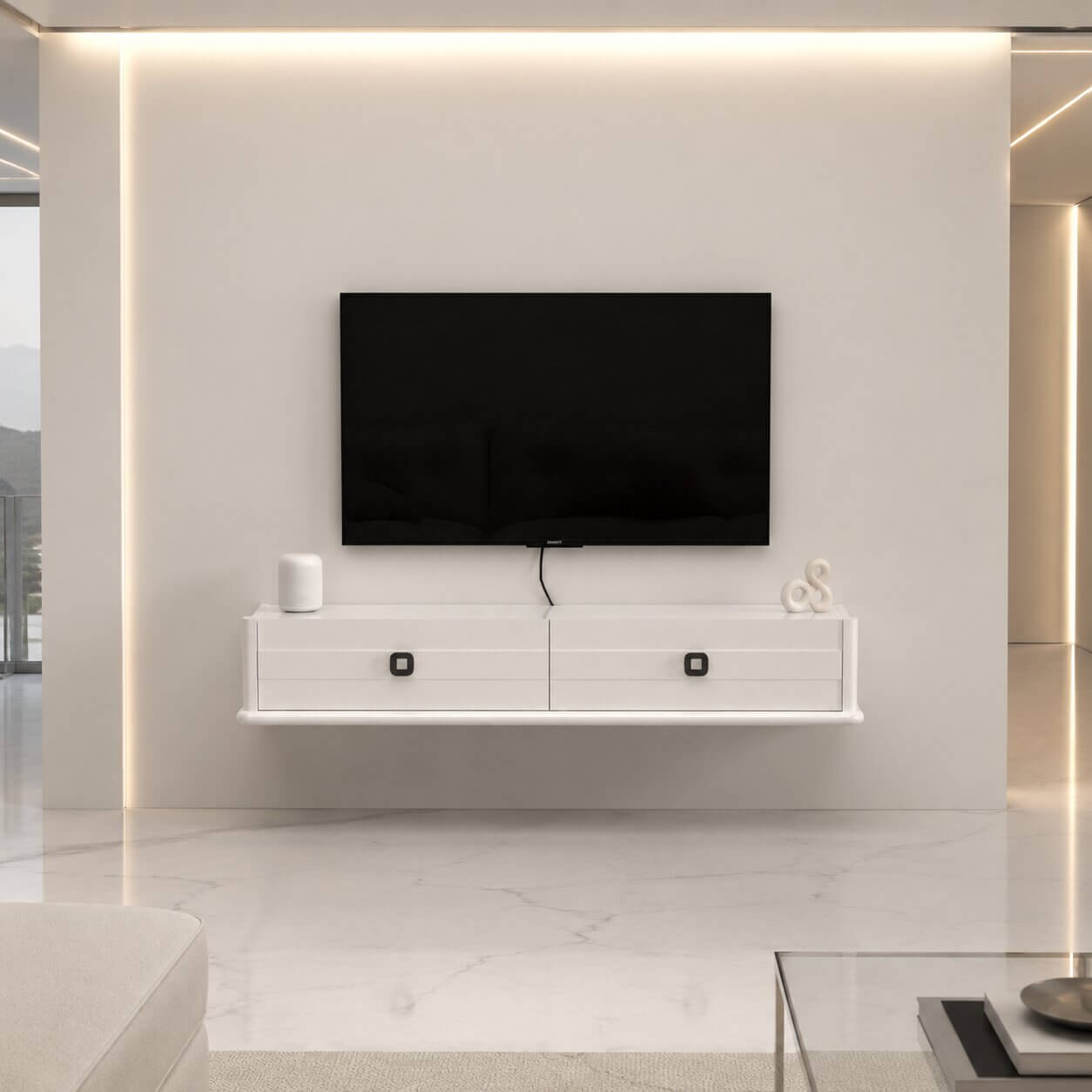 51.18″ Polara Floating TV Stand, High Gloss White