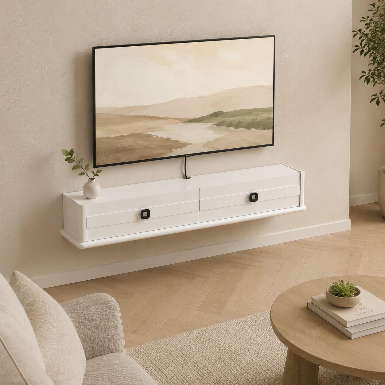 51.18″ Polara Floating TV Stand, High Gloss White