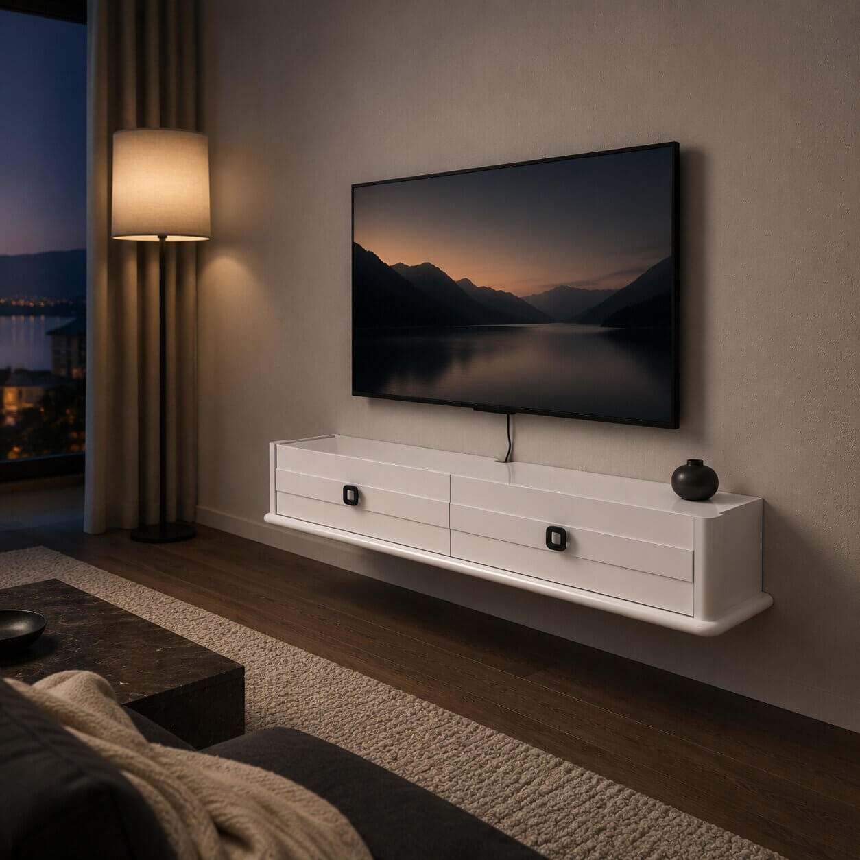 51.18″ Polara Floating TV Stand, High Gloss White