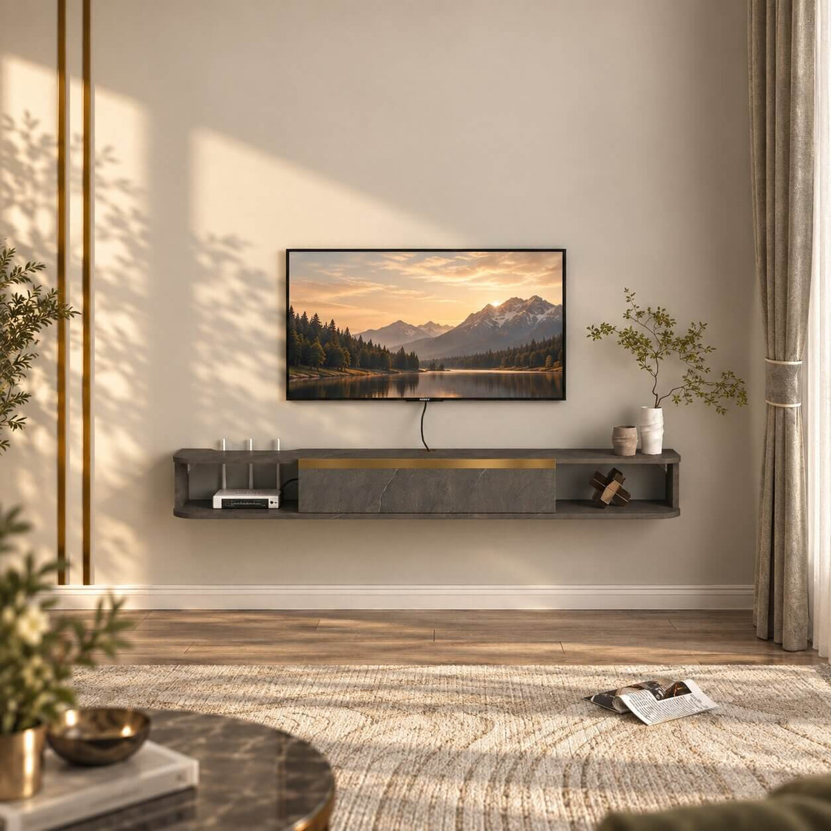 55" Slendera Floating TV Stand, Marble Grey