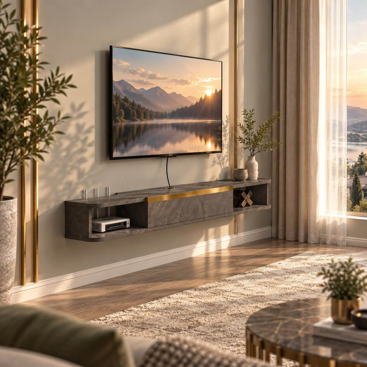 55" Slendera Floating TV Stand, Marble Grey
